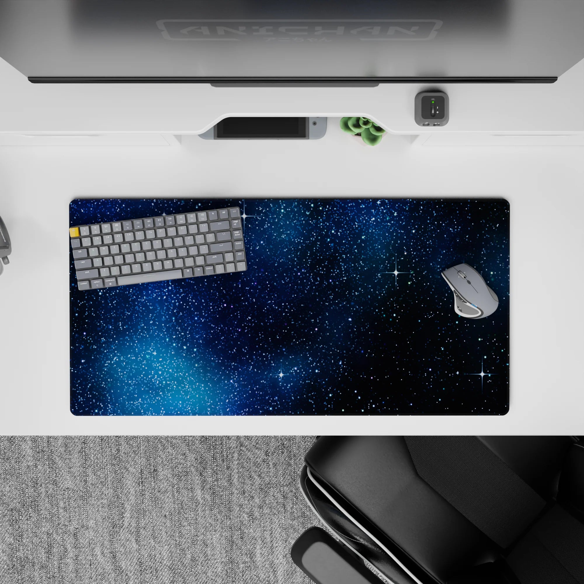 Calm cosmic navy-to-black gradient mouse pad, 32x16 inches, with sparkling stars for a dreamy mood.