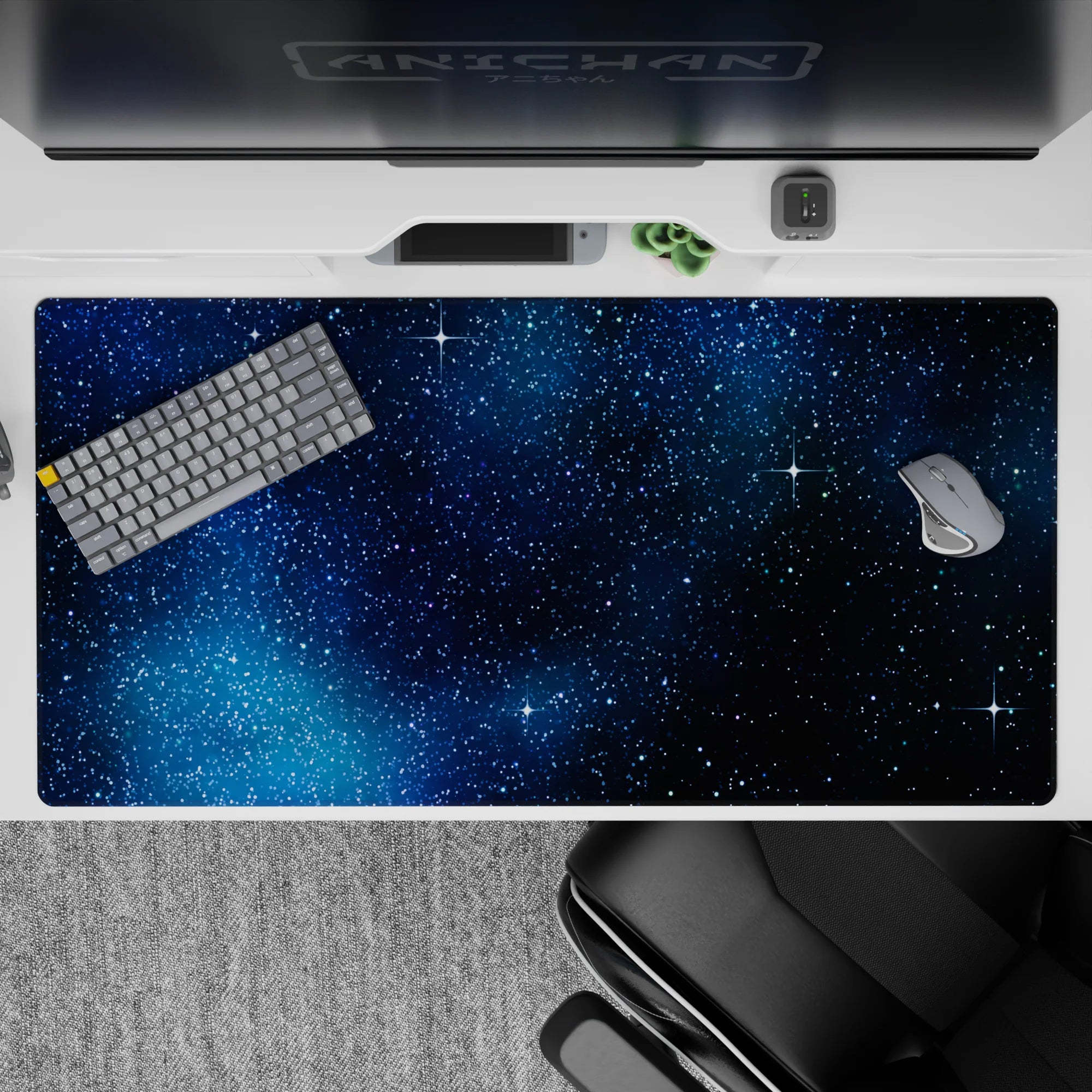 Inky navy-to-black 40x20 inches desk pad with calm cosmic mood and crisp white sparkles.