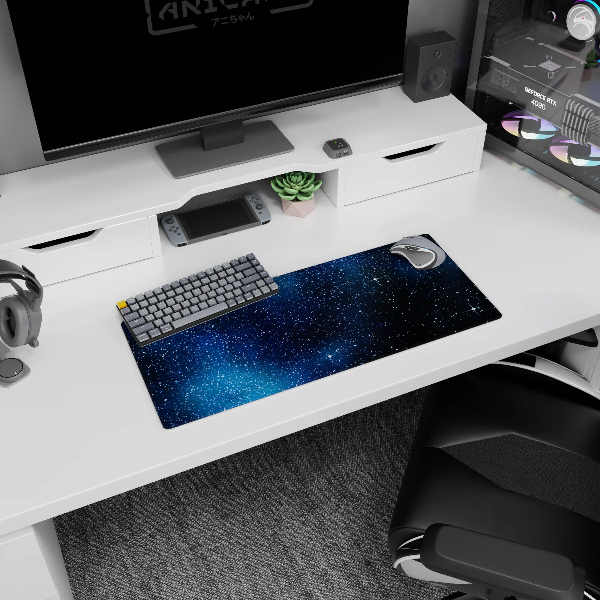 Space night scene mouse pad 28x12 inches featuring scattered white stars and bright starburst sparkles.