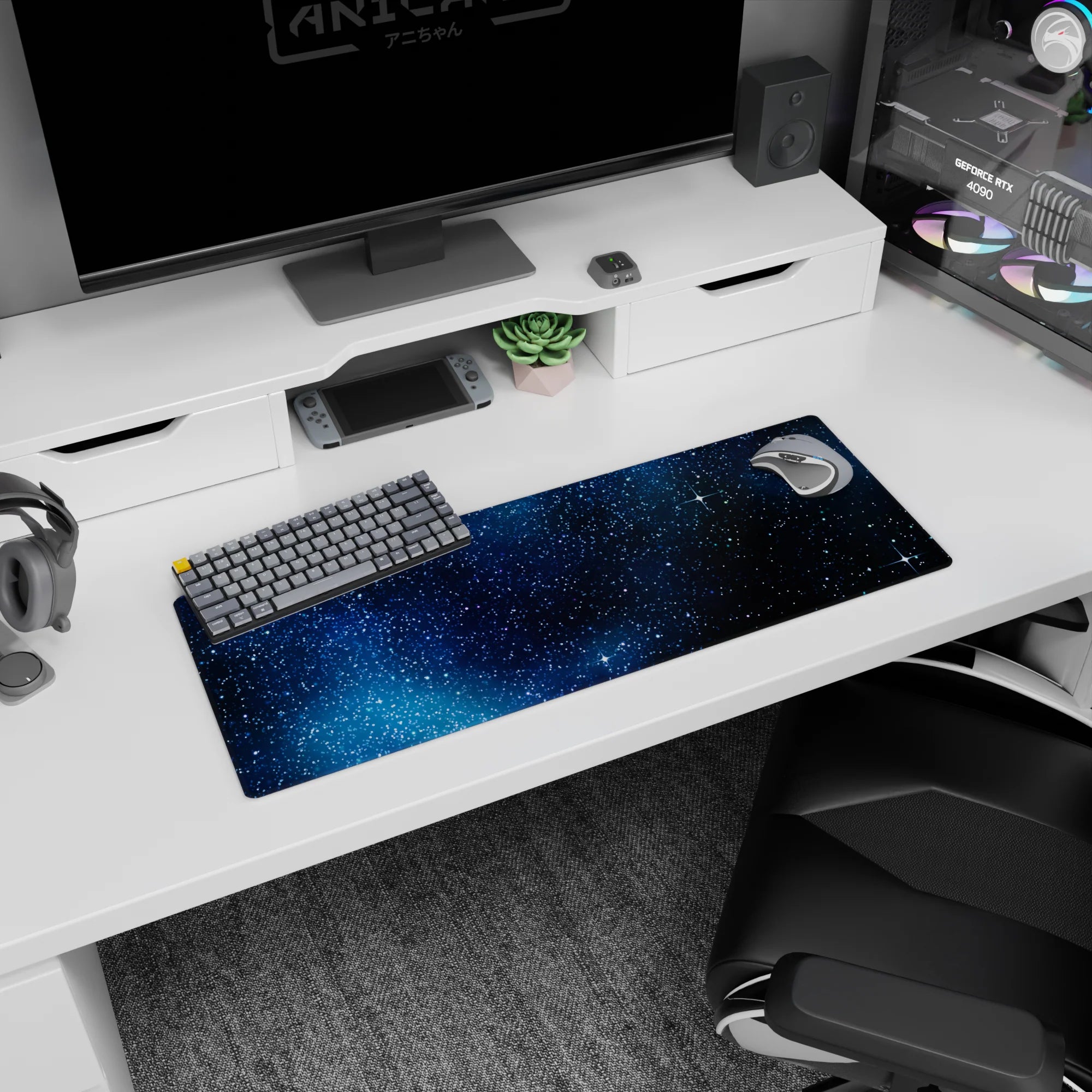 Cosmic space scene mouse pad 32x12 inches featuring scattered starbursts and tiny sparkling stardust.