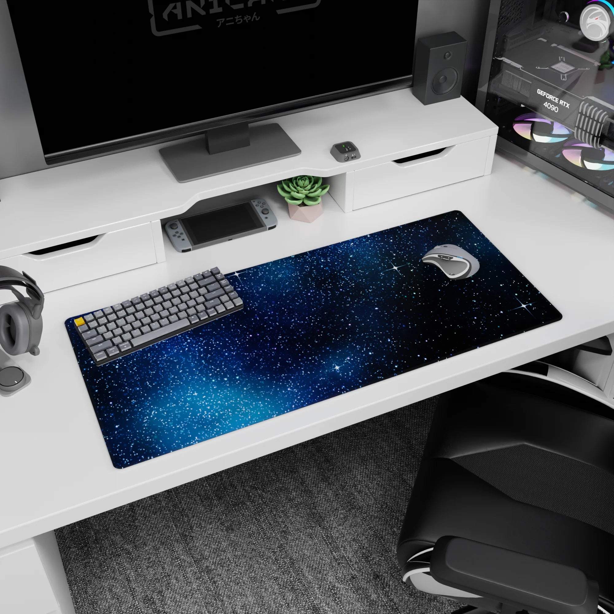 Space scene desk pad, 36x16 inches, featuring bright white stars scattered across an inky night sky.