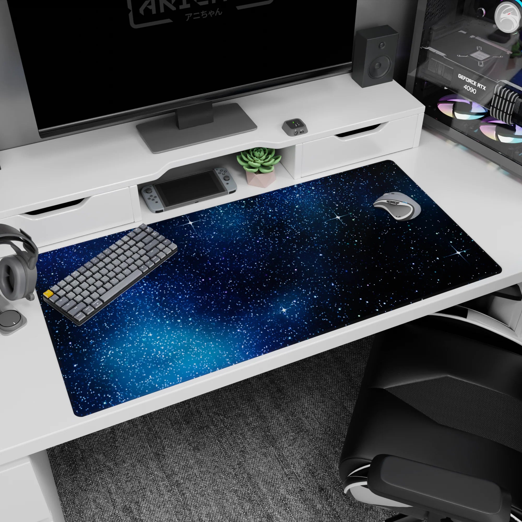 40x20 inches desk pad showing a deep space scene with tiny starbursts and scattered stars.