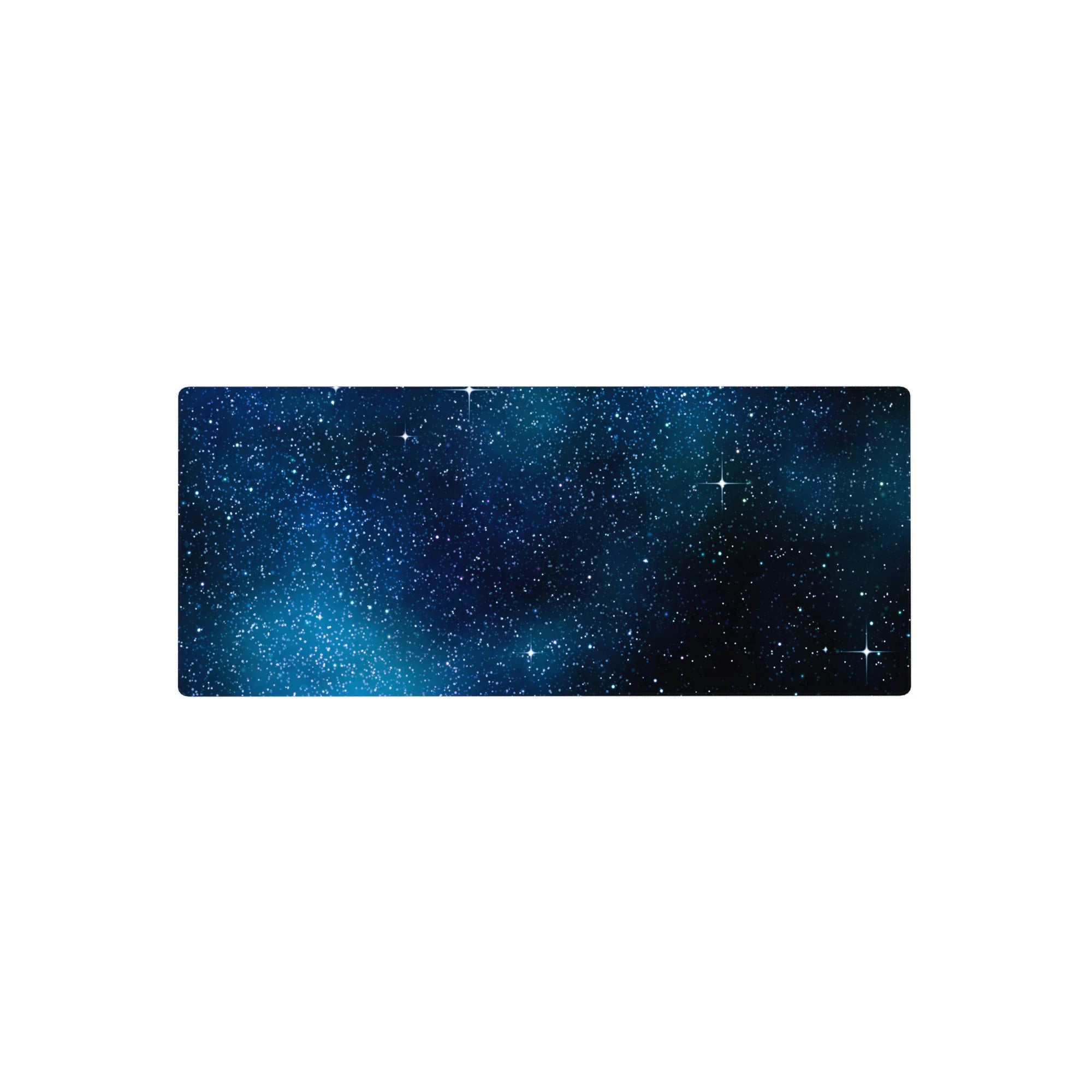 Midnight starry sky desk mouse pad 28x12 inches with nebula mist and sparkling starbursts.