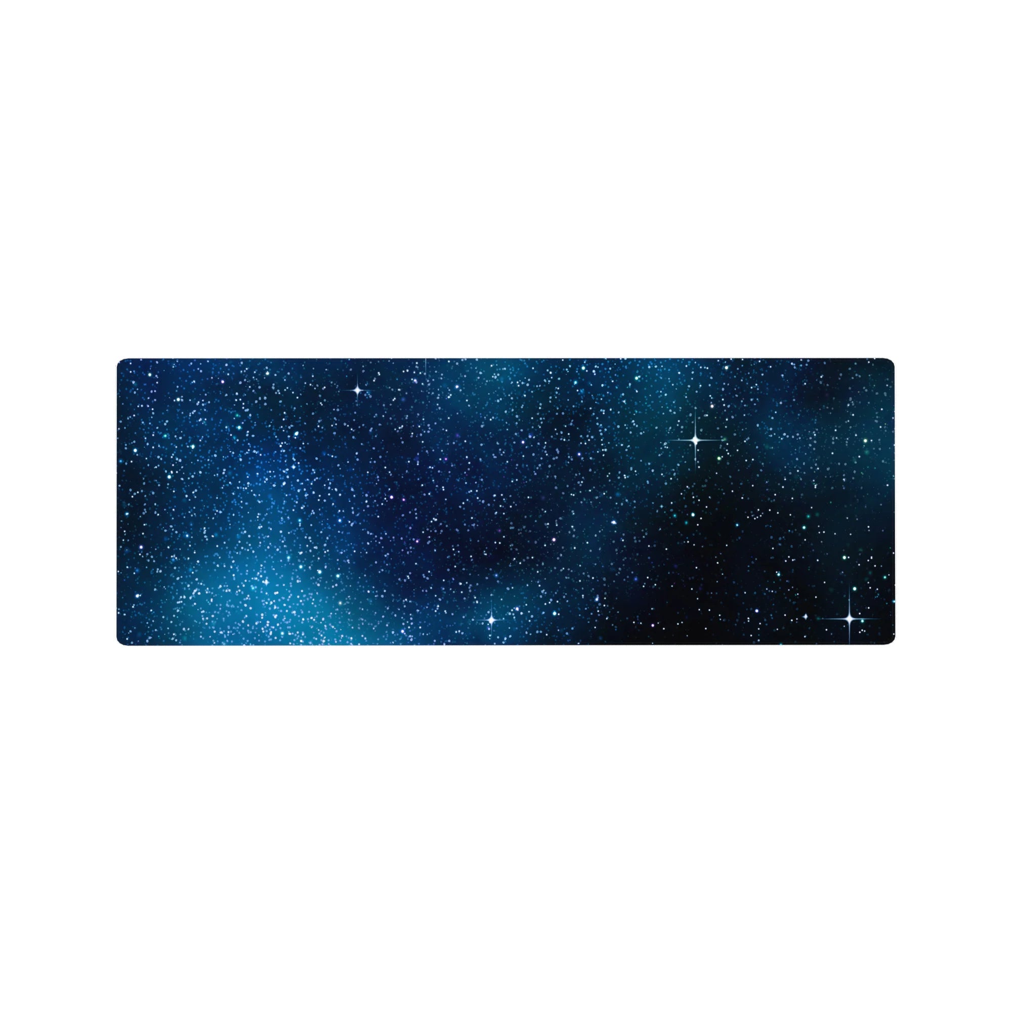 Midnight sky starfield desk mouse pad, extended 32x12 inches with nebula mist and sparkles.