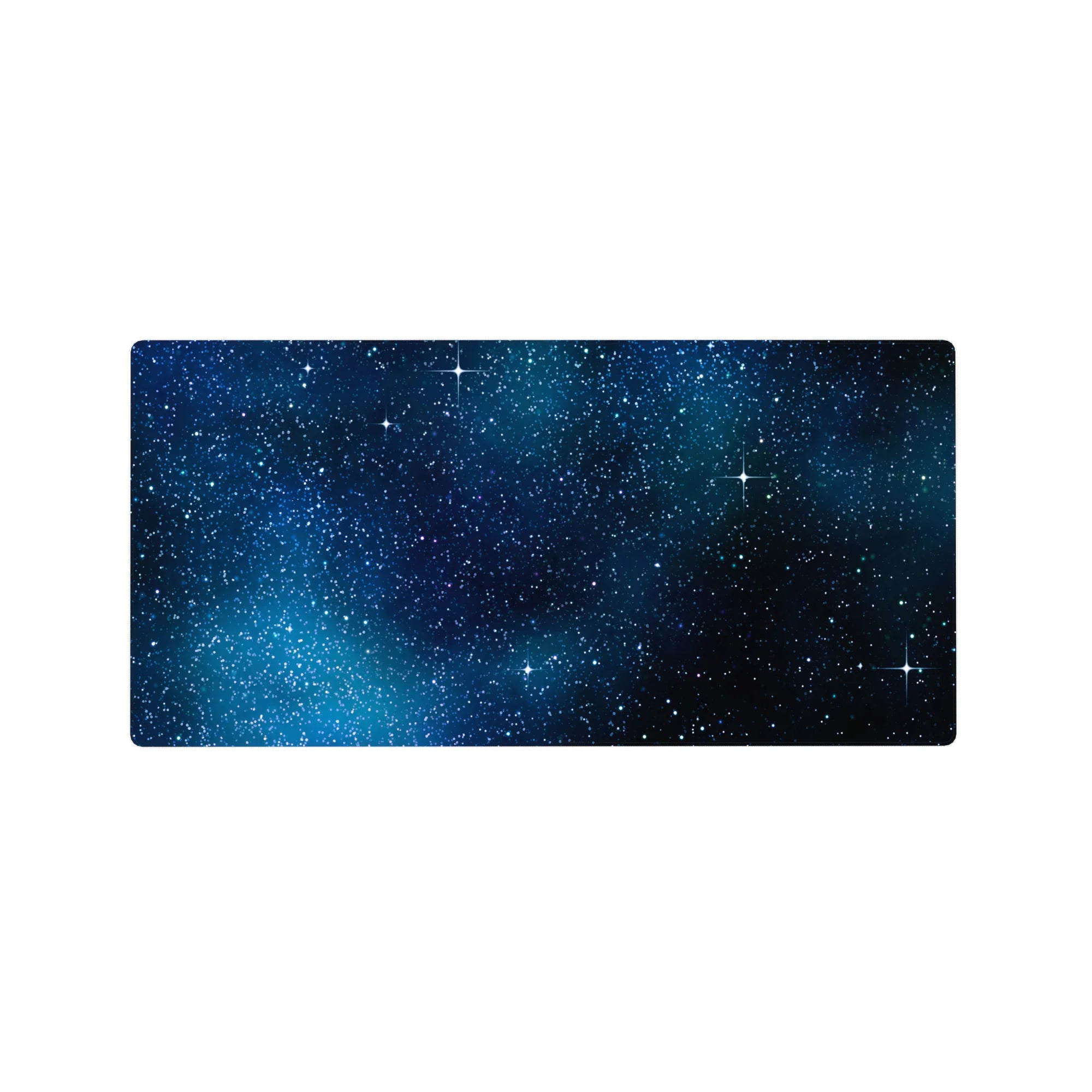 Midnight sky starfield desk mouse pad, 32x16 inches, with nebula mist and crisp white stars.