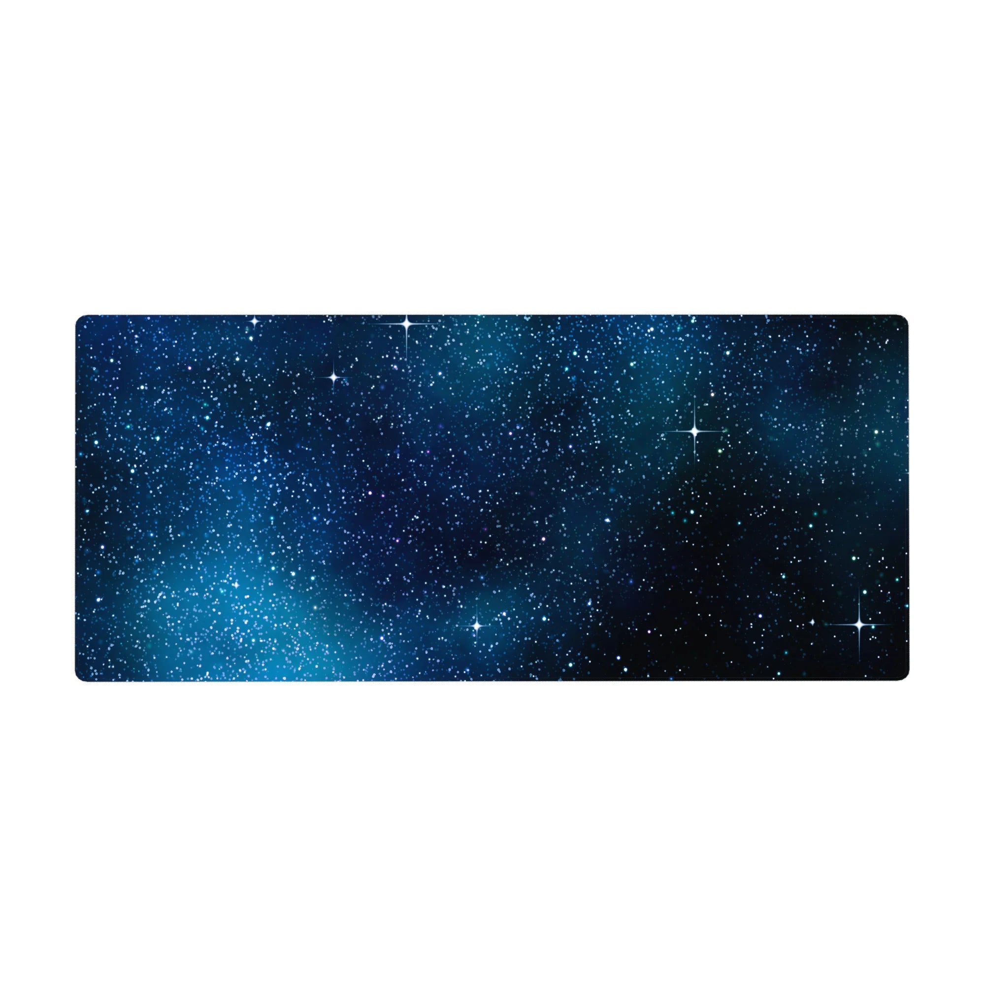 Midnight sky starfield desk pad, 36x16 inches, with crisp white stars and subtle nebula mist.