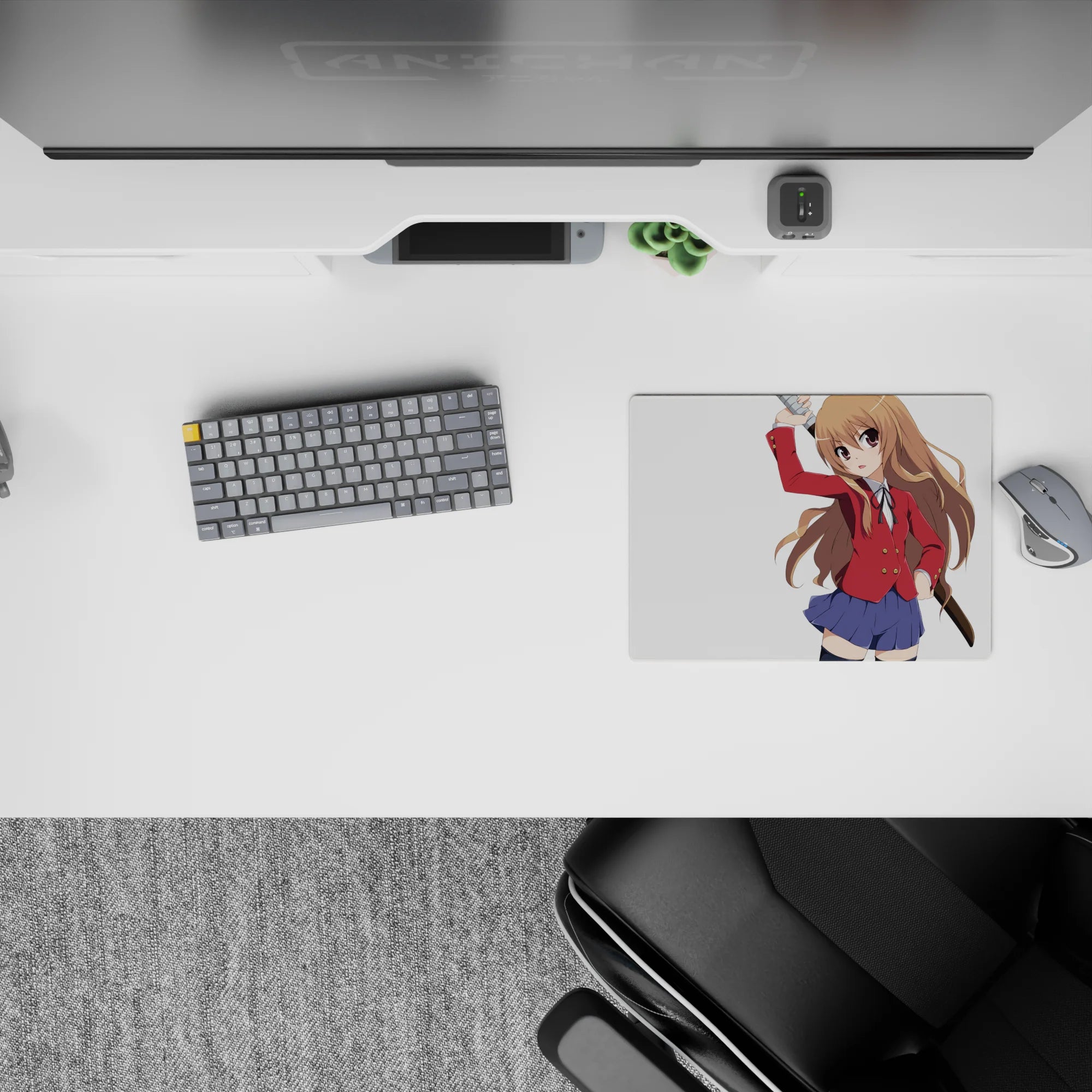Cozy cute anime girl mouse pad 14x10 inches in chestnut red and navy tones with crisp clean backdrop.