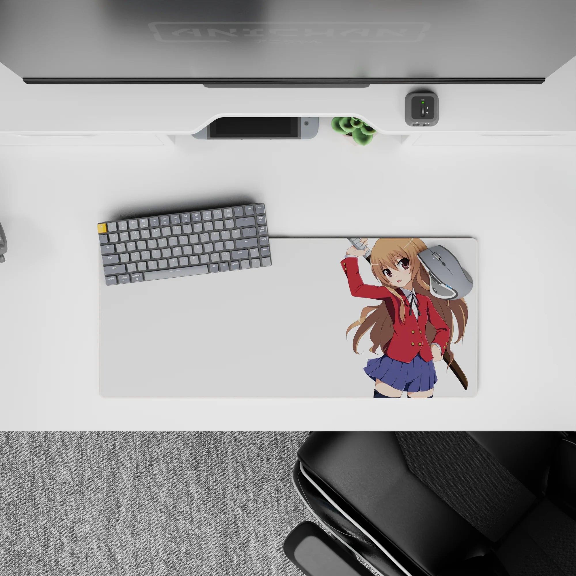 Anime girl mouse pad 28x12 inches in warm chestnut and red blazer tones, cute bold Toradora desk vibe.