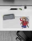 Anime girl mouse pad 28x12 inches in warm chestnut and red blazer tones, cute bold Toradora desk vibe.