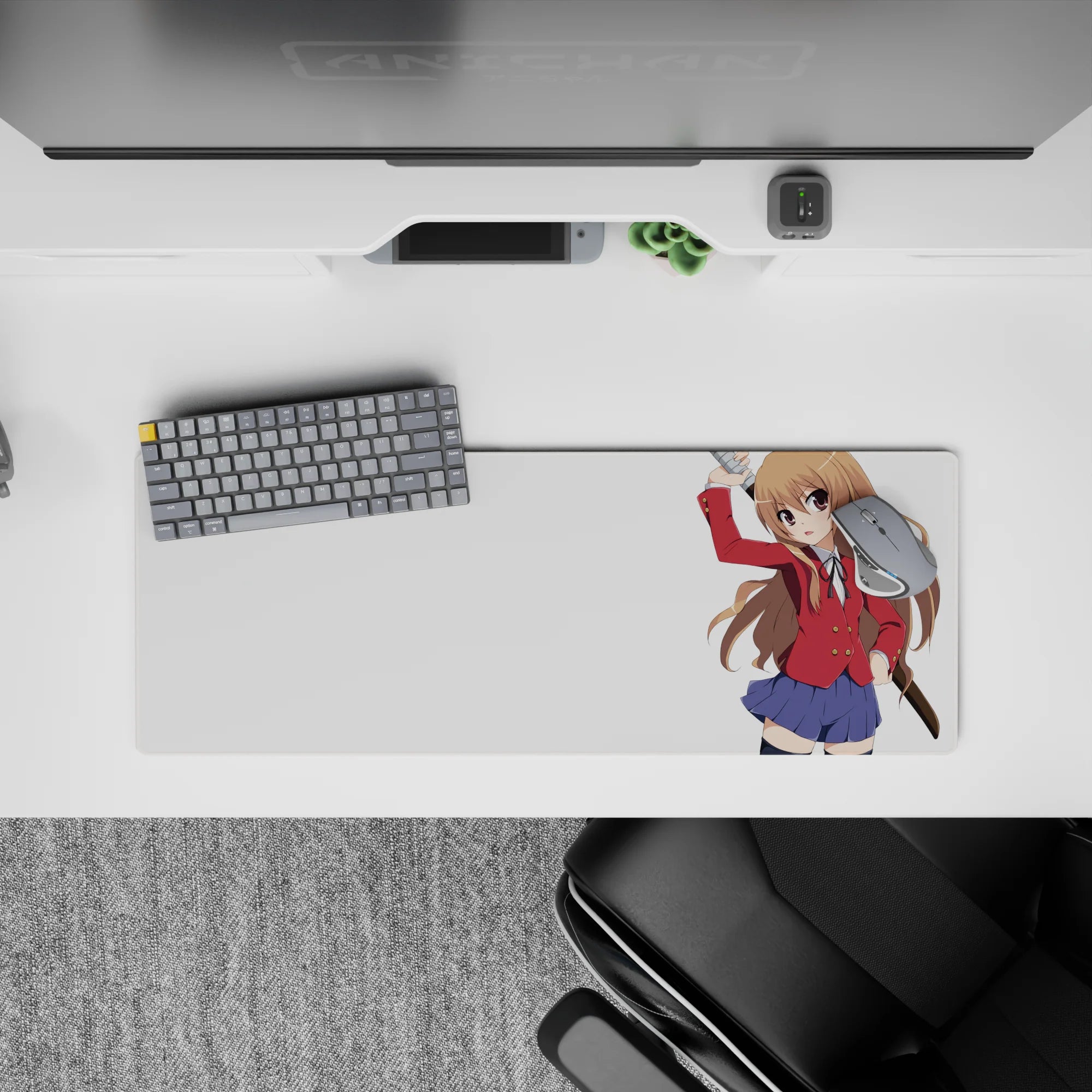 32x12 inches desk mouse pad with warm chestnut hair, bold red and navy outfit, cute spicy cozy vibe.