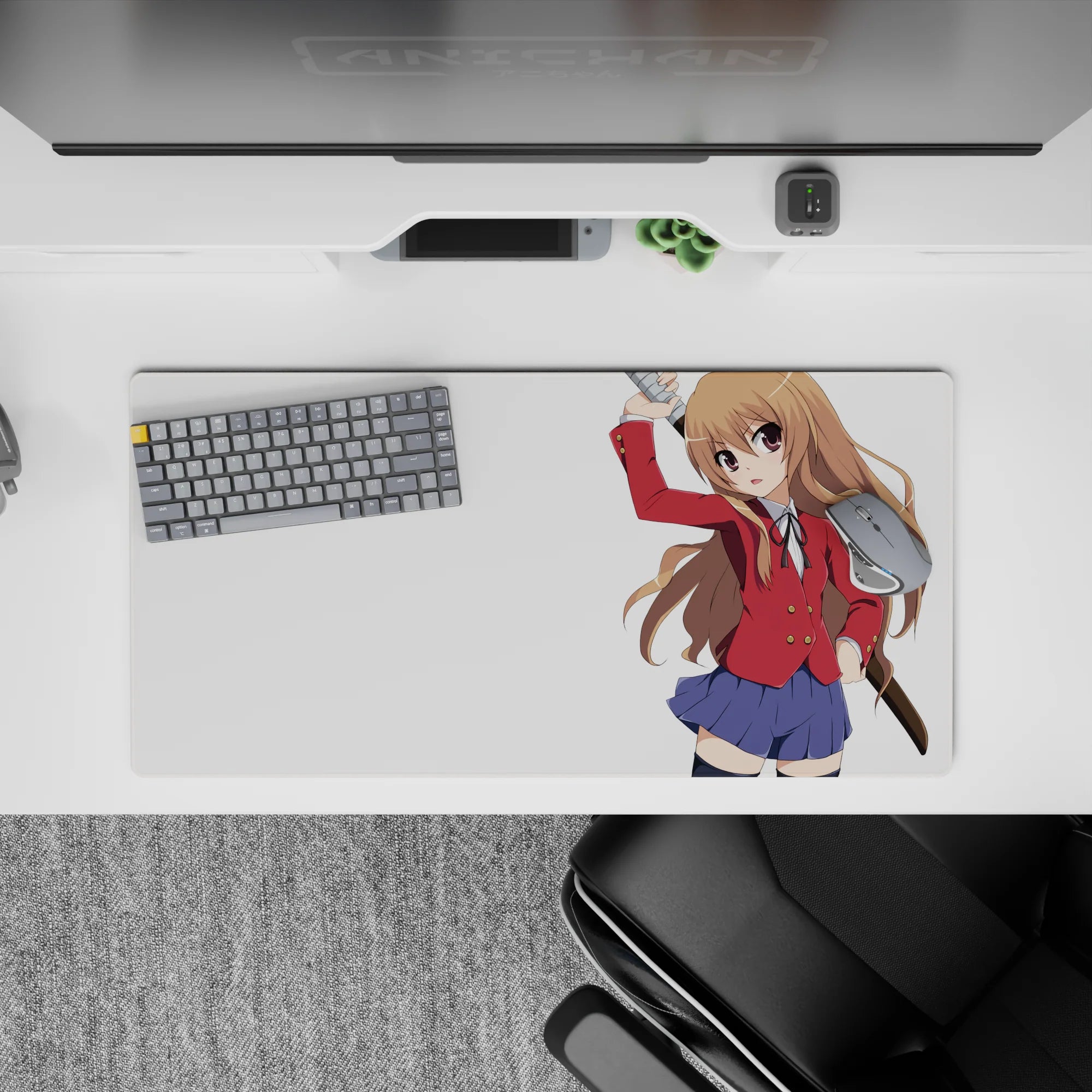 32x16 inches kawaii desk mat with warm chestnut hair, crisp red and navy outfit, cozy fierce anime vibe.