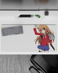 32x16 inches kawaii desk mat with warm chestnut hair, crisp red and navy outfit, cozy fierce anime vibe.