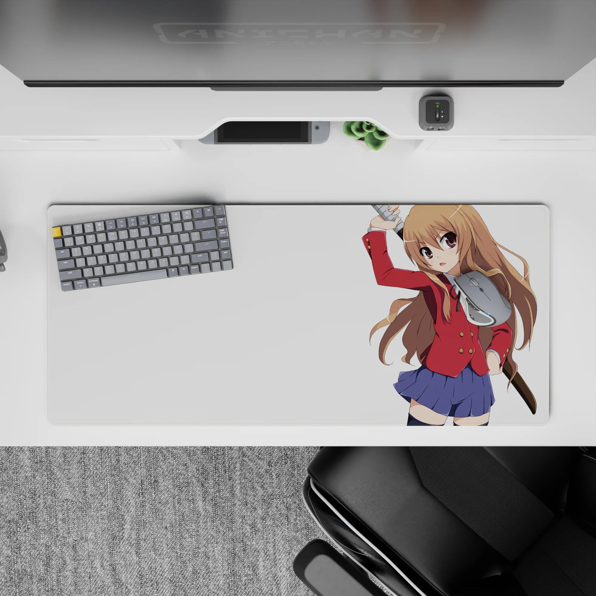 36x16 inches anime desk pad in warm chestnut, red blazer, and navy skirt; cute, bold, cozy vibe.