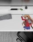 36x16 inches anime desk pad in warm chestnut, red blazer, and navy skirt; cute, bold, cozy vibe.