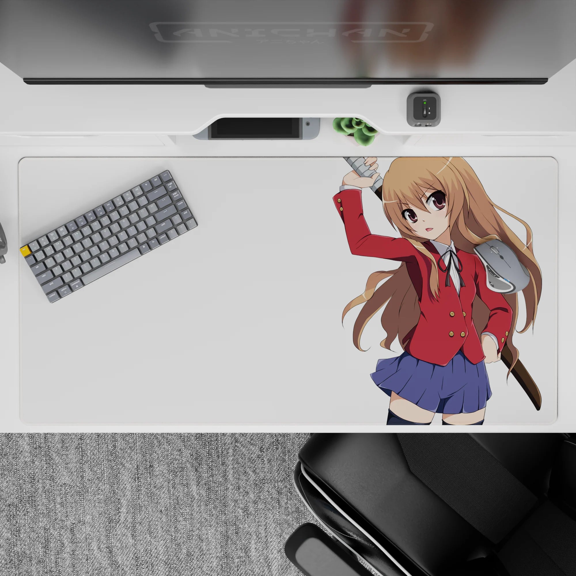Cozy, spicy anime desk pad 40x20 inches in warm chestnut, crisp red, and navy tones with big-eyed art.