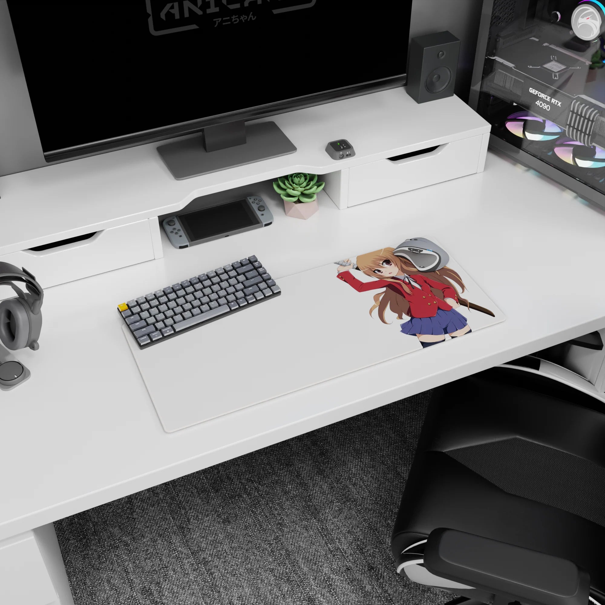 Anime girl mouse pad 28x12 inches showing Taiga Aisaka mid-swing, big eyes and confident smirk.