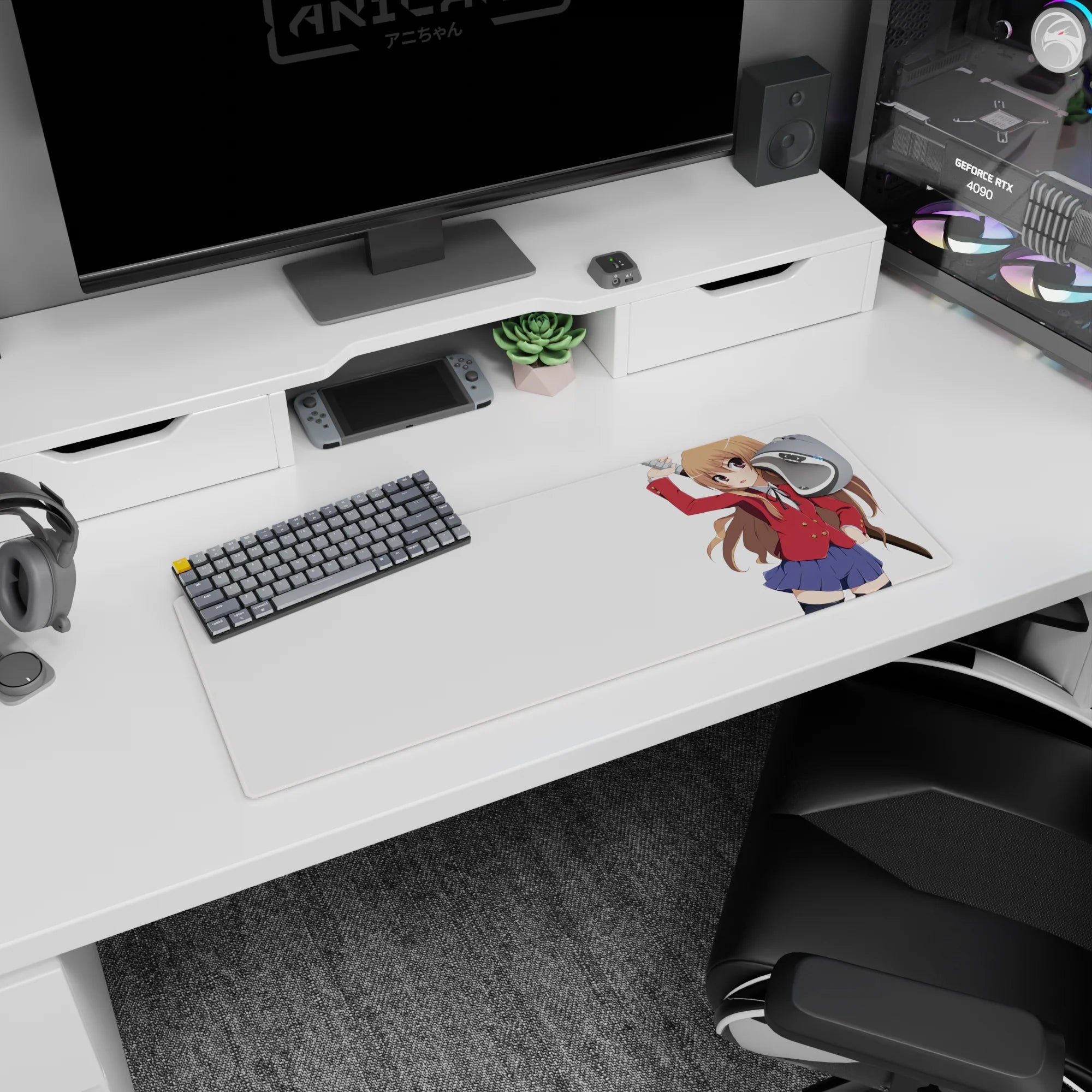 32x12 inches Toradora Taiga Aisaka mouse pad mid-swing with wooden sword, big eyes and smirk.