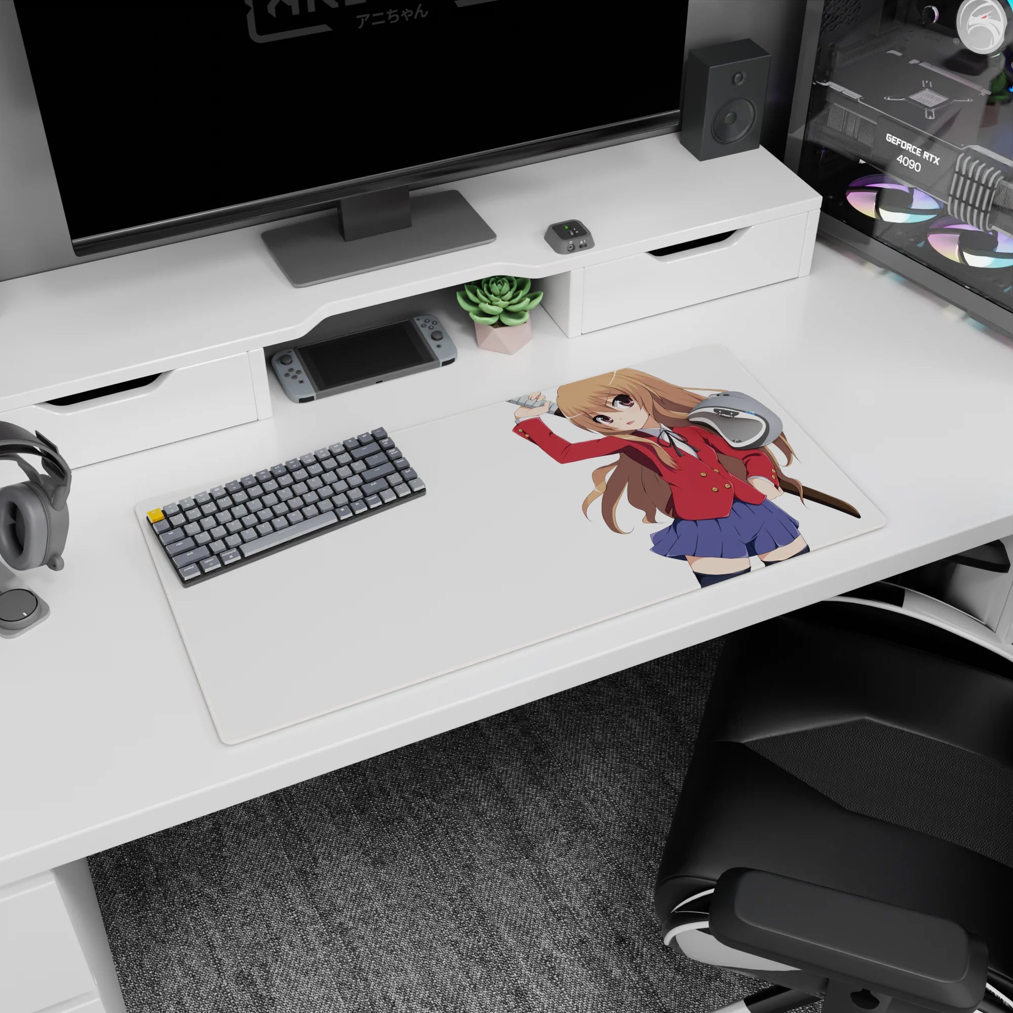 32x16 inches Taiga Aisaka Toradora mouse pad, mid-swing with wooden sword, big eyes and confident smirk.