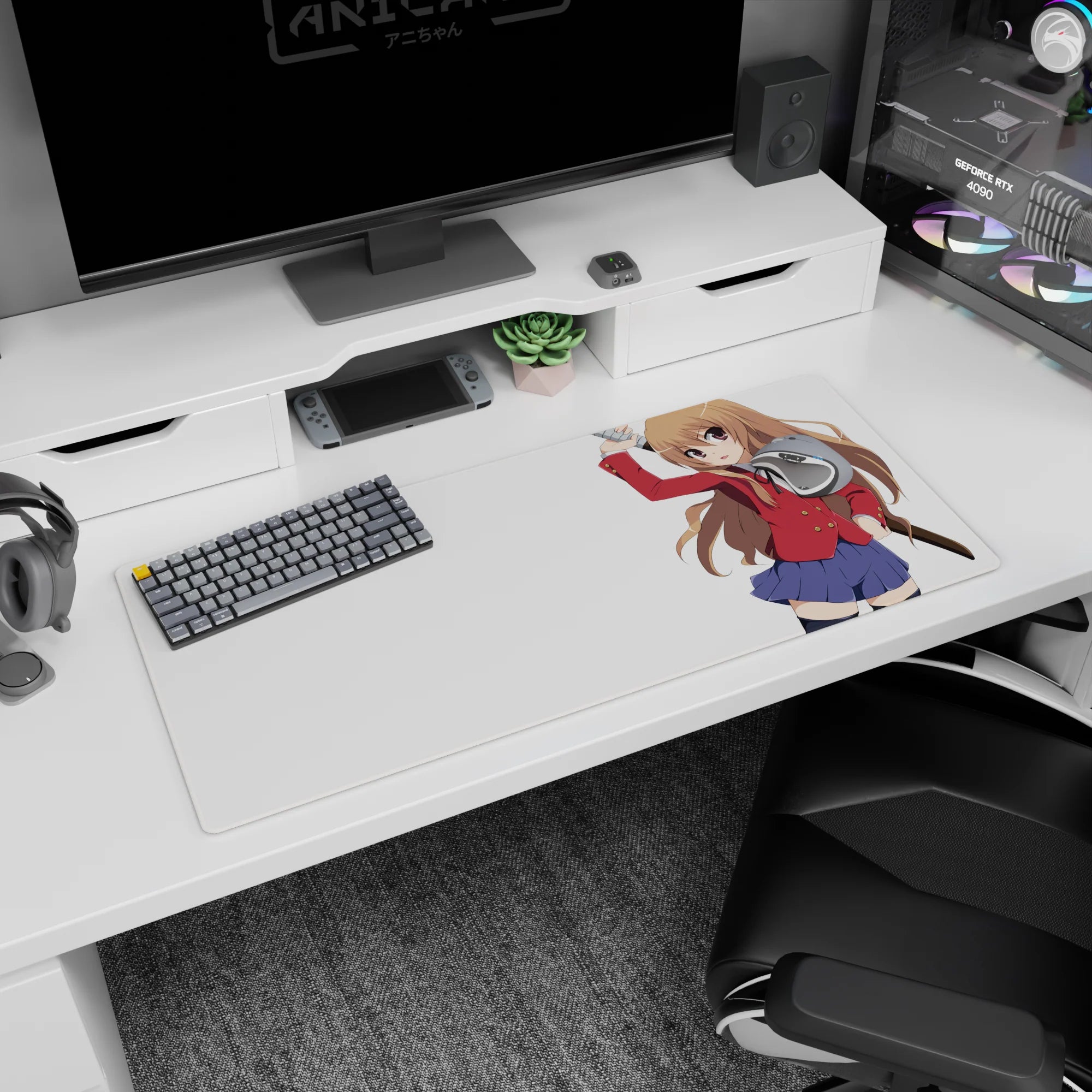 36x16 inches Toradora desk pad featuring Taiga Aisaka mid-swing, big eyes and confident smirk.