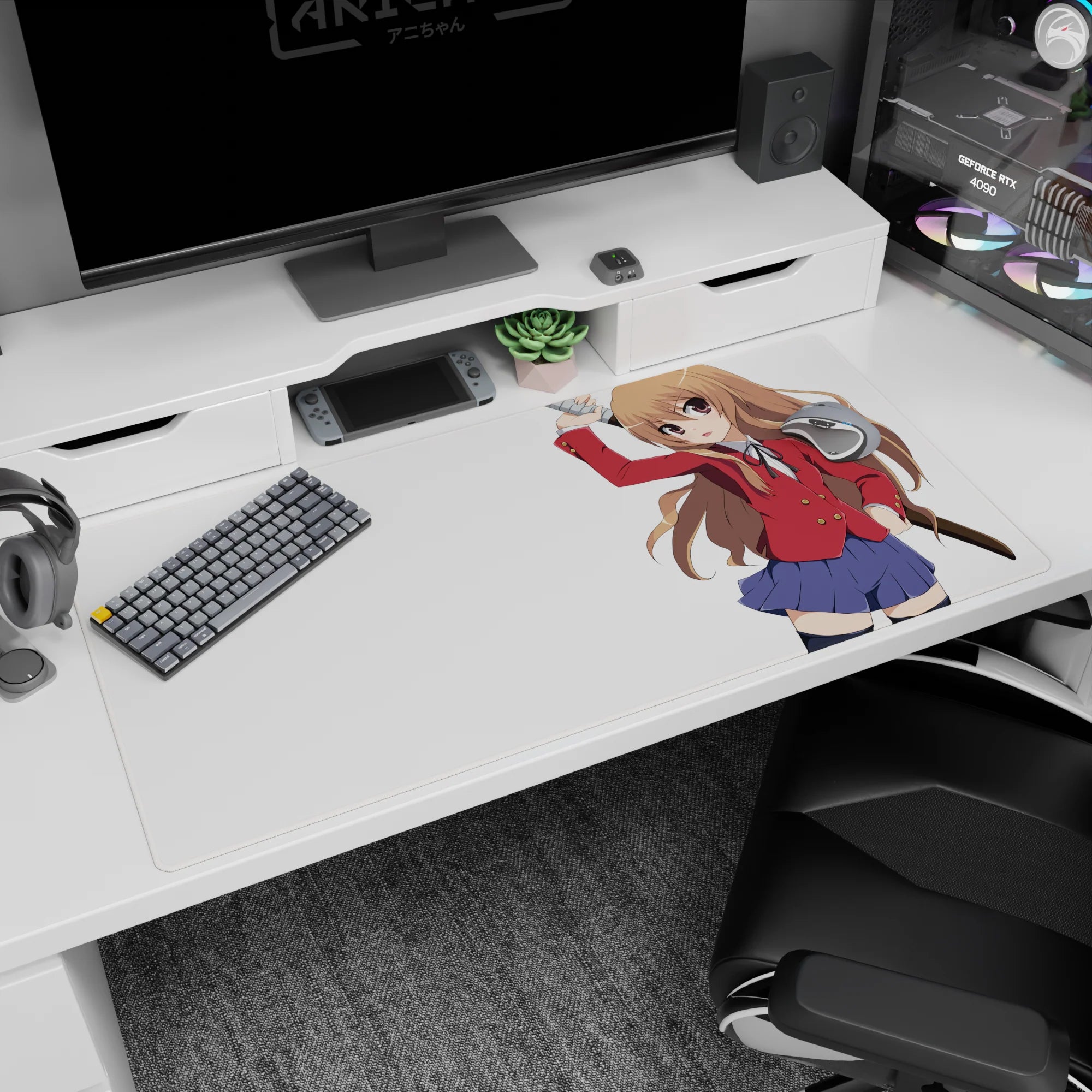 Taiga Aisaka Toradora desk pad 40x20 inches, mid-swing with wooden sword and confident smirk.