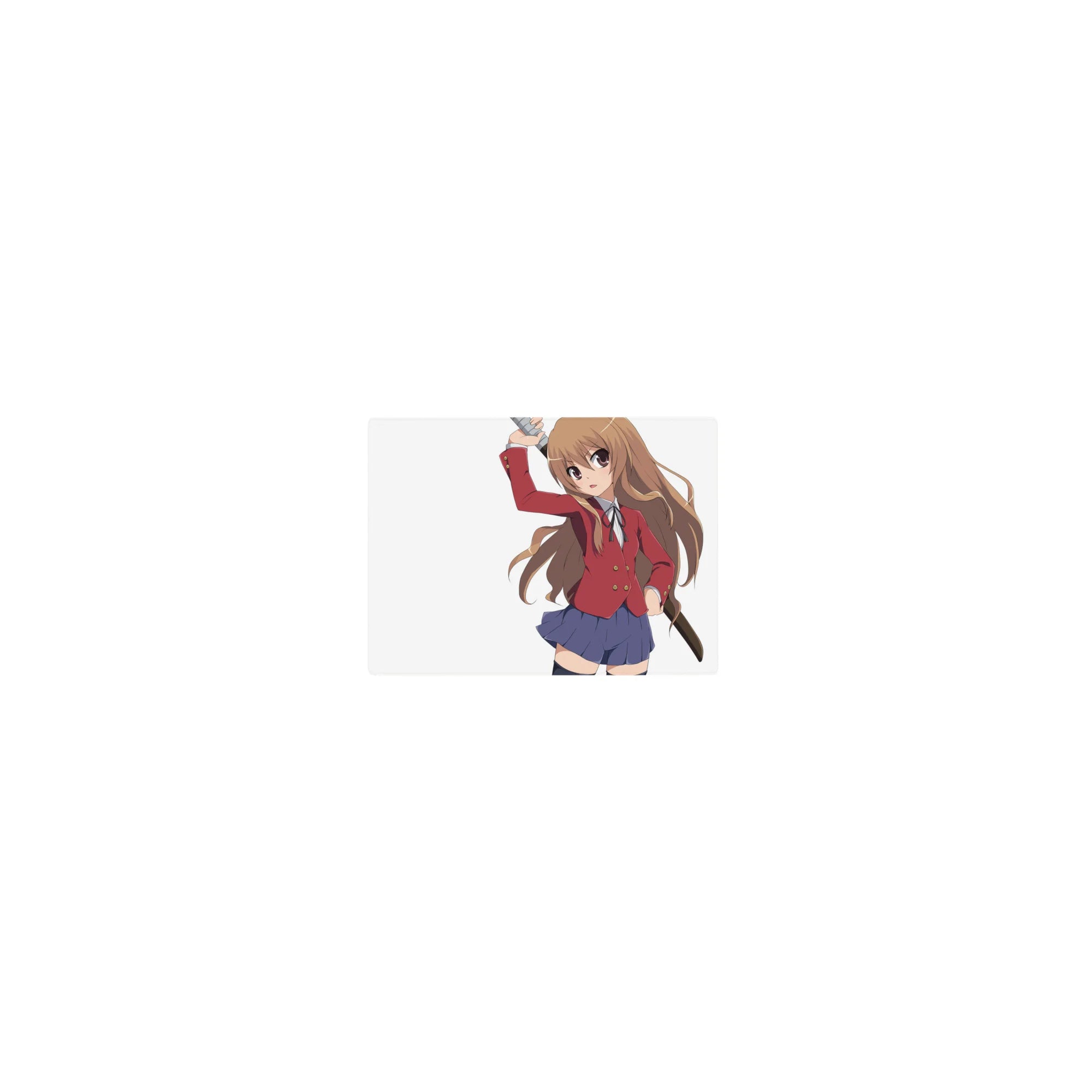 Classic anime girl mouse pad 14x10 inches with chibi swordswoman in red blazer and navy skirt on white.