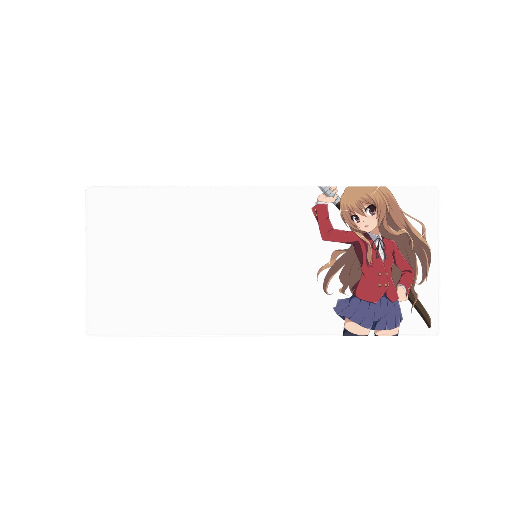 Anime girl mouse pad 28x12 inches with Taiga Aisaka swinging a wooden sword on a clean white background.