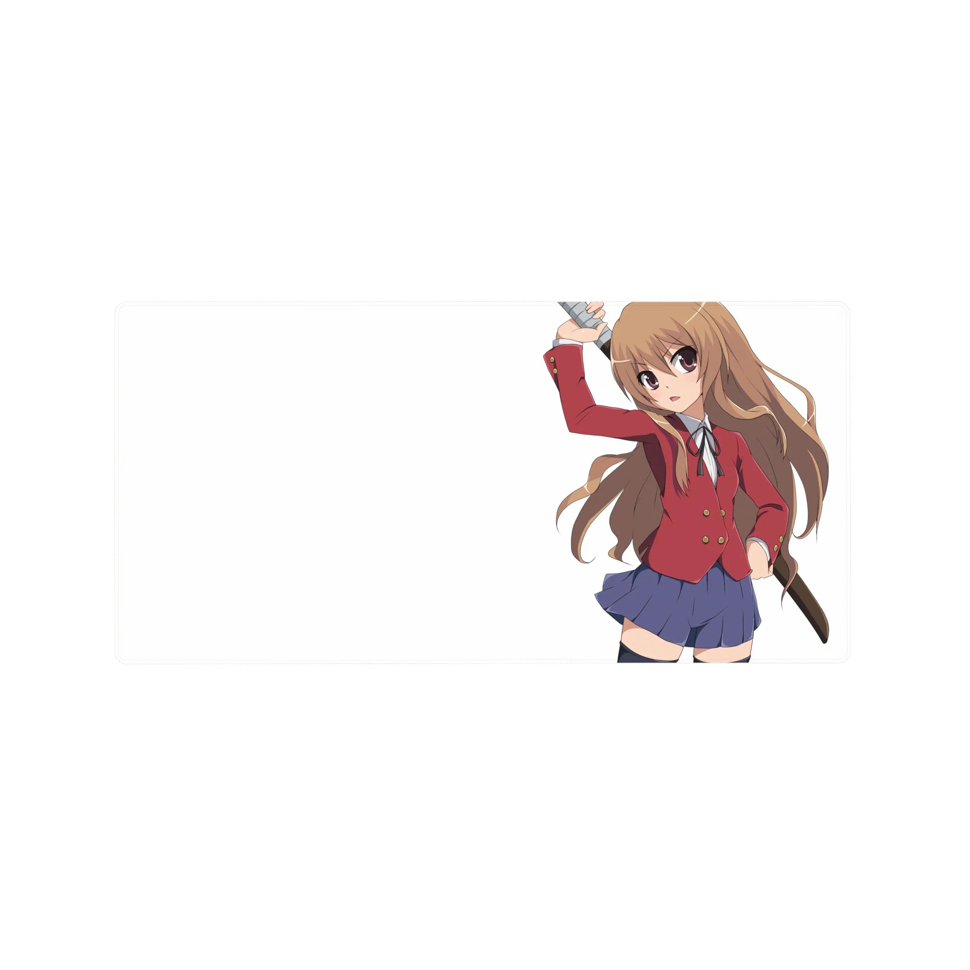32x16 inches anime girl mouse pad with chibi swordfighter in red blazer and navy skirt on white background.