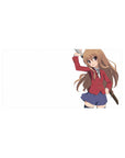 32x16 inches anime girl mouse pad with chibi swordfighter in red blazer and navy skirt on white background.