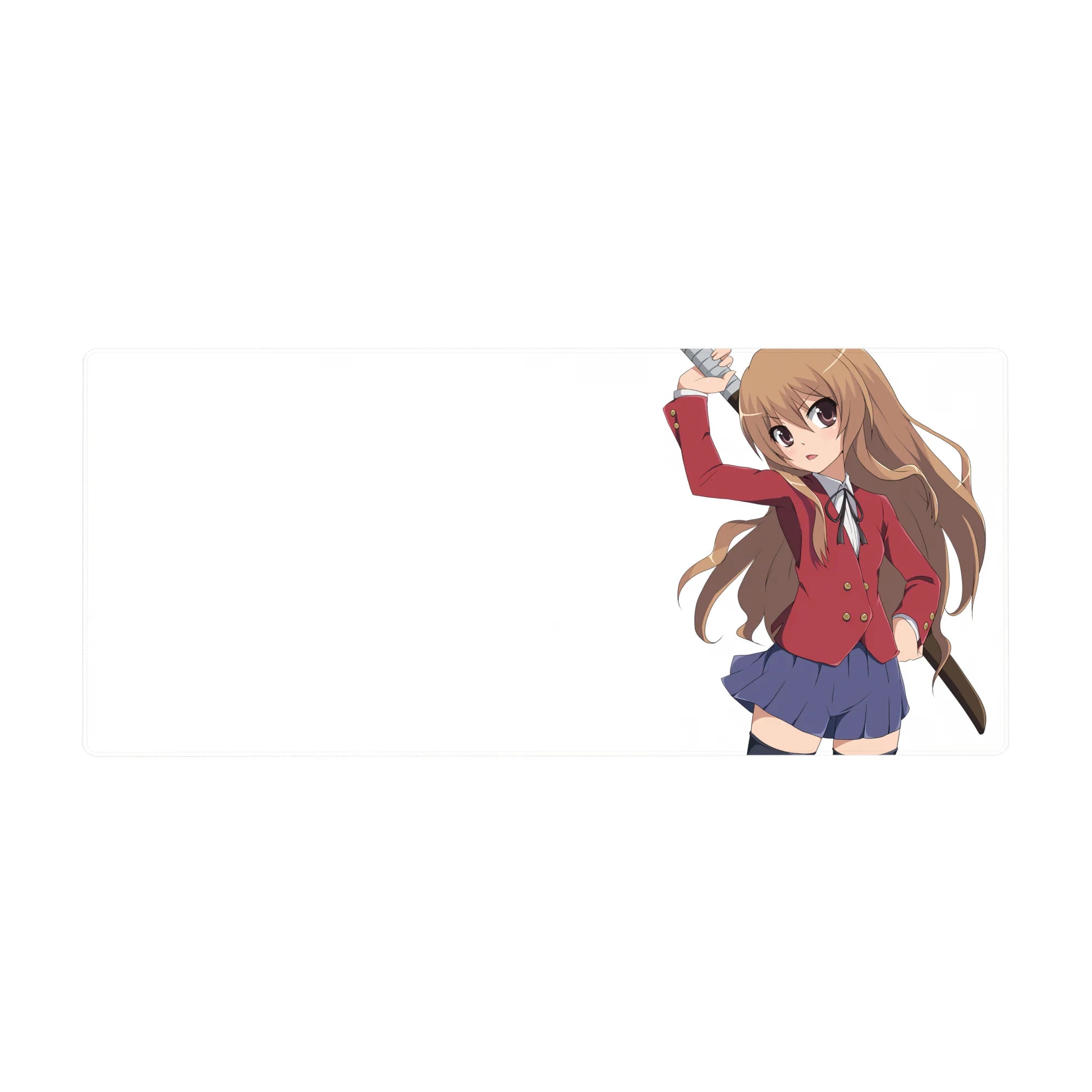 36x16 inches anime girl desk pad with Taiga Aisaka swinging a wooden sword on a clean white backdrop.