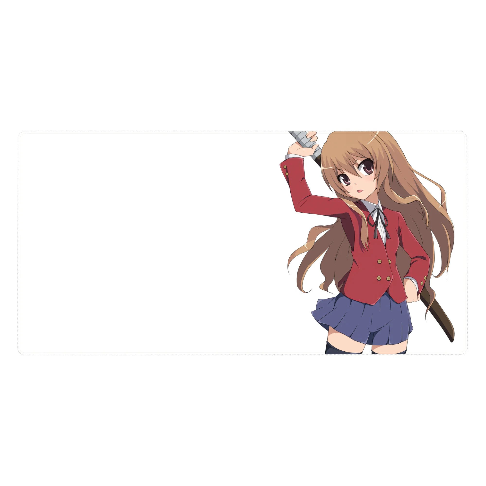 Anime girl desk pad 40x20 inches with fearless swordswoman in red blazer on clean white background.
