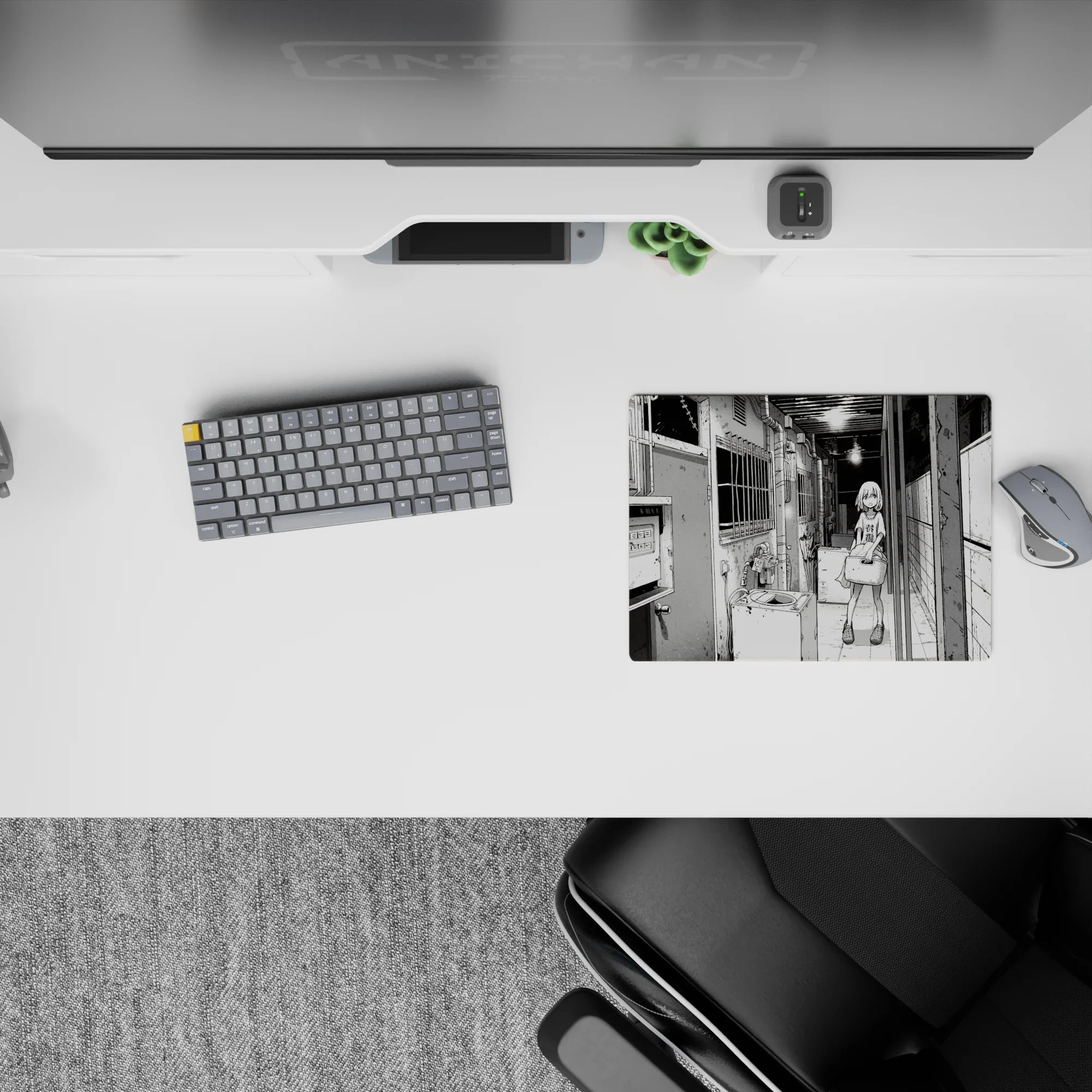 Black-and-white manga mouse pad 14x10 inches with moody late-night slice-of-life apartment vibe.