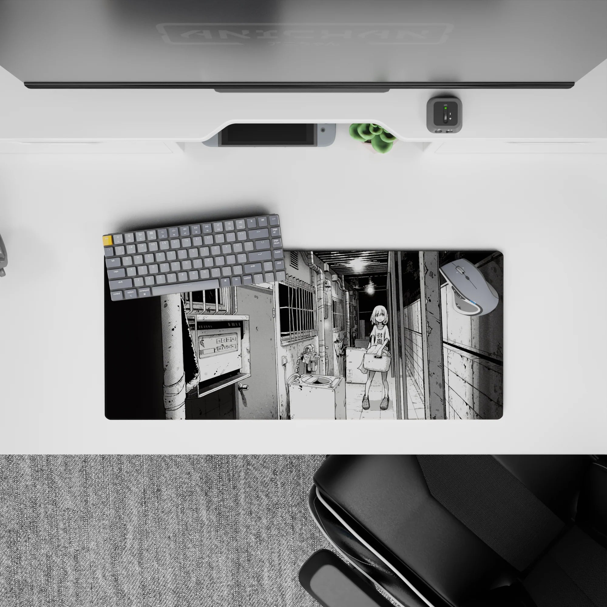 28x12 inches black-and-white manga mouse pad with moody gritty cozy late-night slice-of-life vibe.