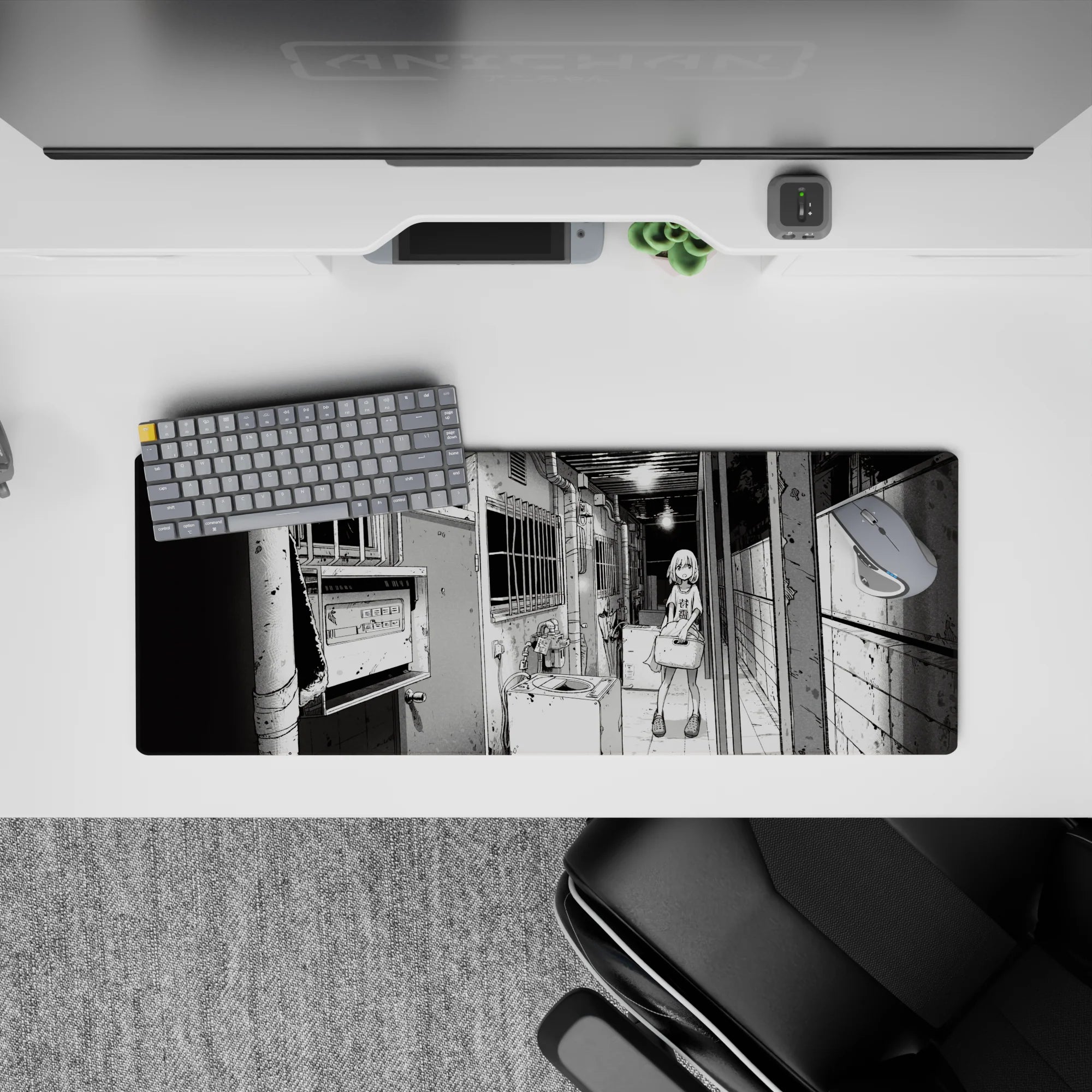 32x12 inches black-and-white manga desk mat, moody gritty-cozy slice-of-life apartment vibe.