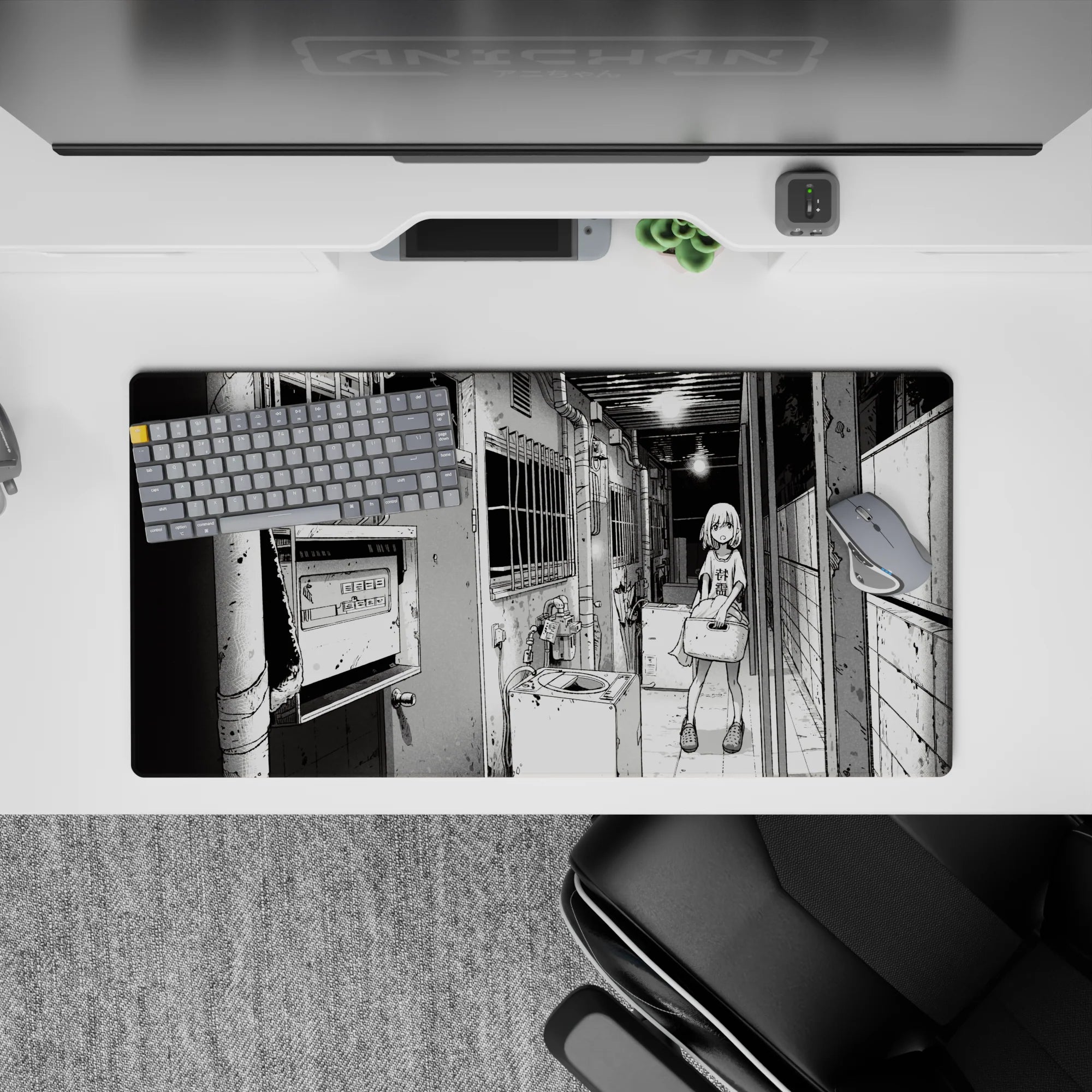 32x16 inches black-and-white manga mouse pad with moody late-night slice-of-life vibe and gritty cozy detail.