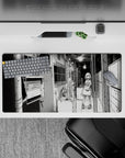 32x16 inches black-and-white manga mouse pad with moody late-night slice-of-life vibe and gritty cozy detail.