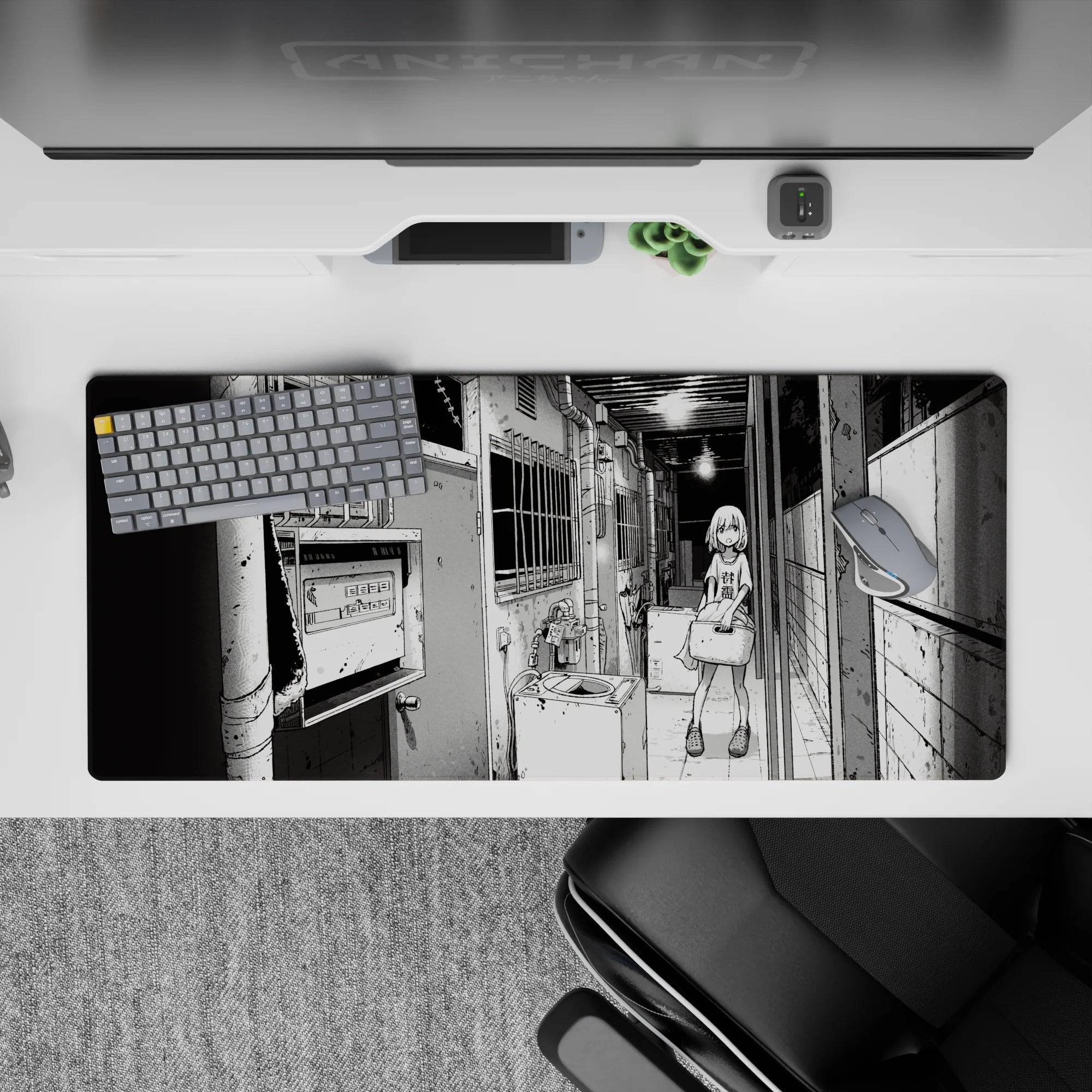 36x16 inches black-and-white manga desk pad with moody late-night slice-of-life vibe and sharp contrast.