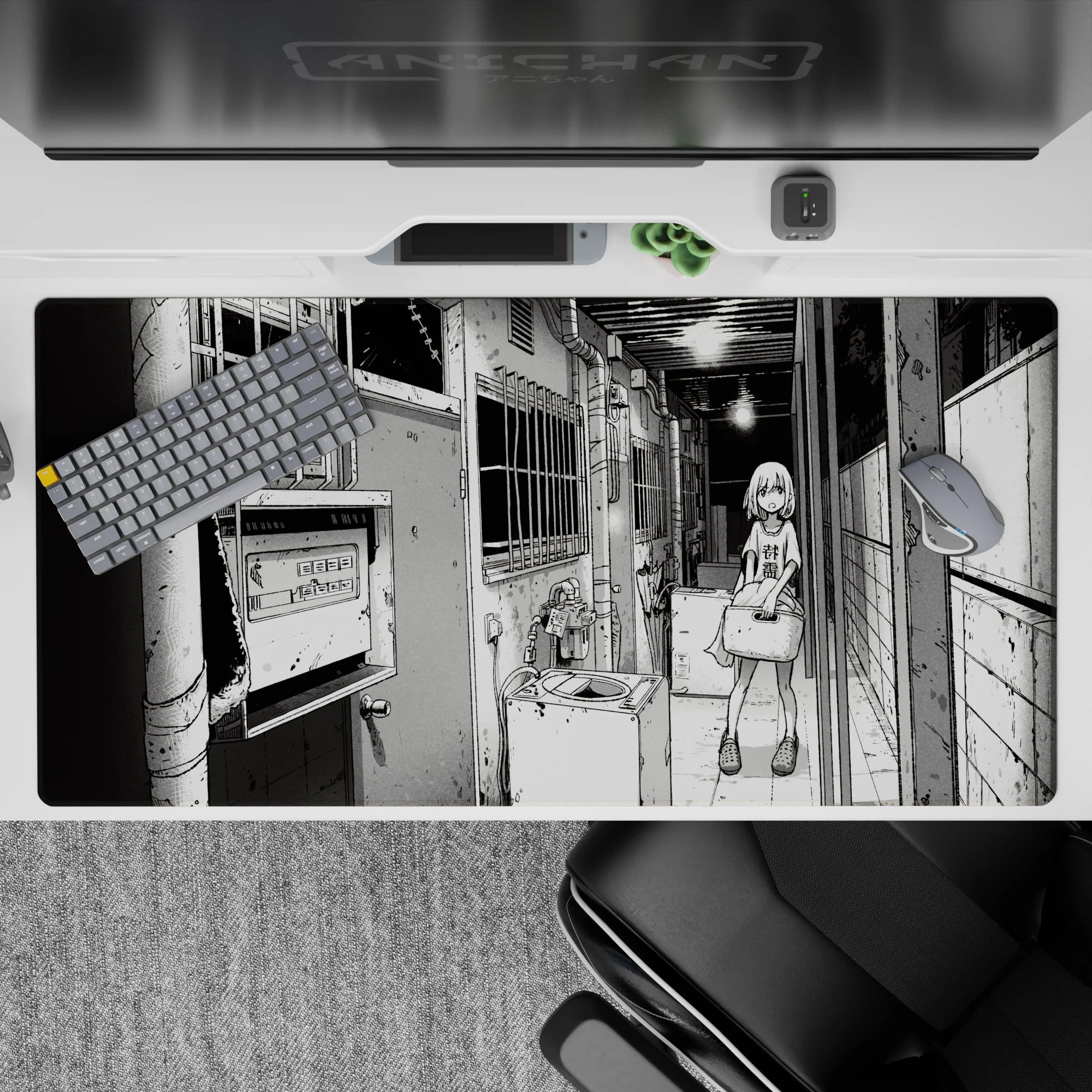 Moody black-and-white anime girl desk pad 40x20 inches, high-contrast late-night slice-of-life vibe.