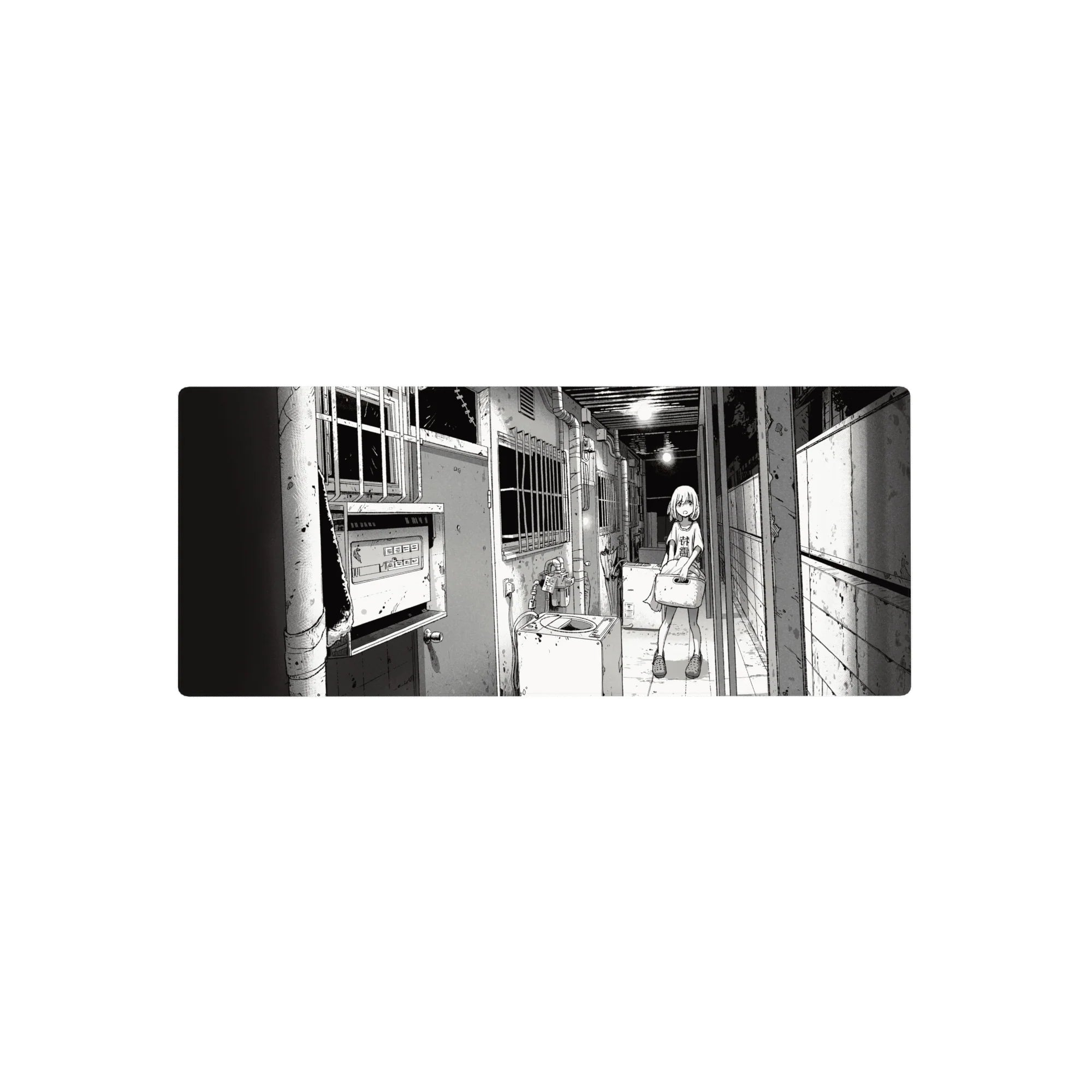 28x12 inches anime girl mouse pad with manga line art, shy girl in hallway, laundry basket scene.