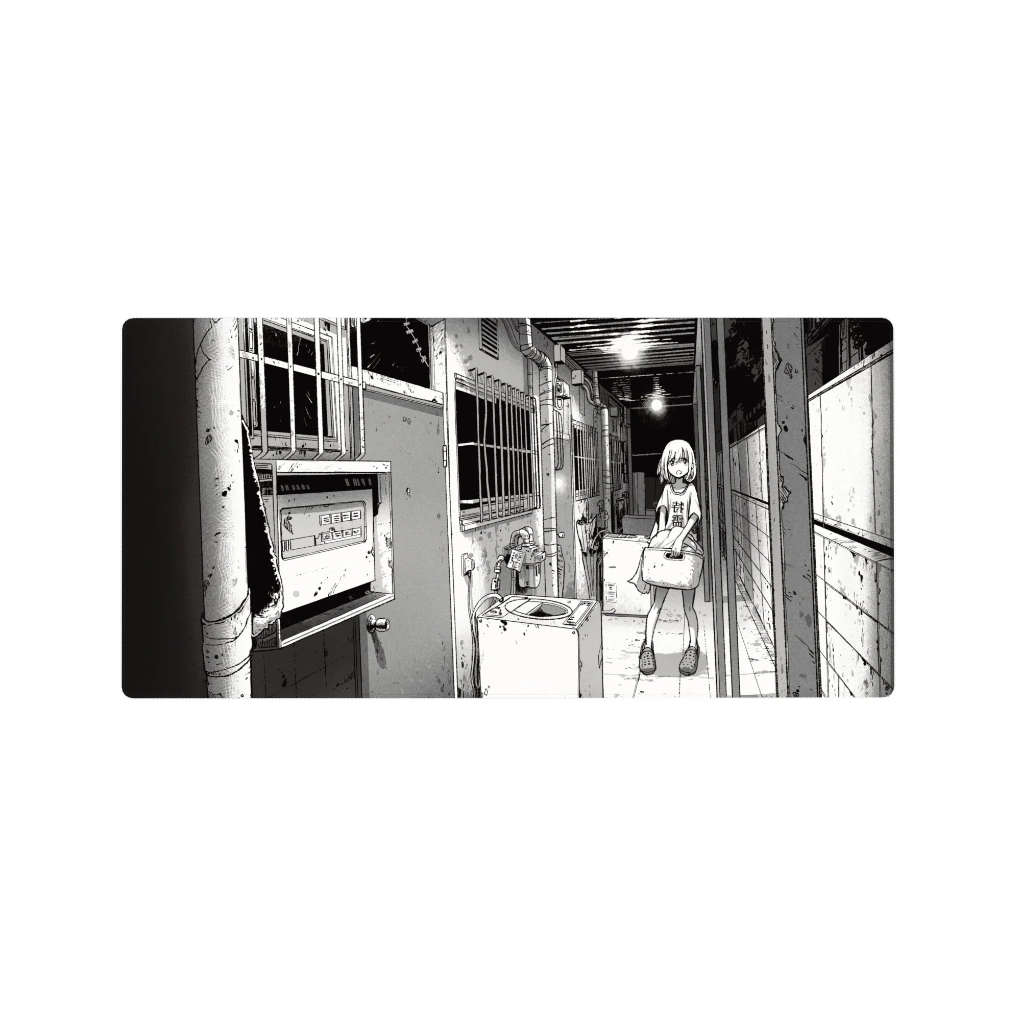 32x16 inches anime girl mouse pad with manga line art of a shy girl in an apartment hallway scene.