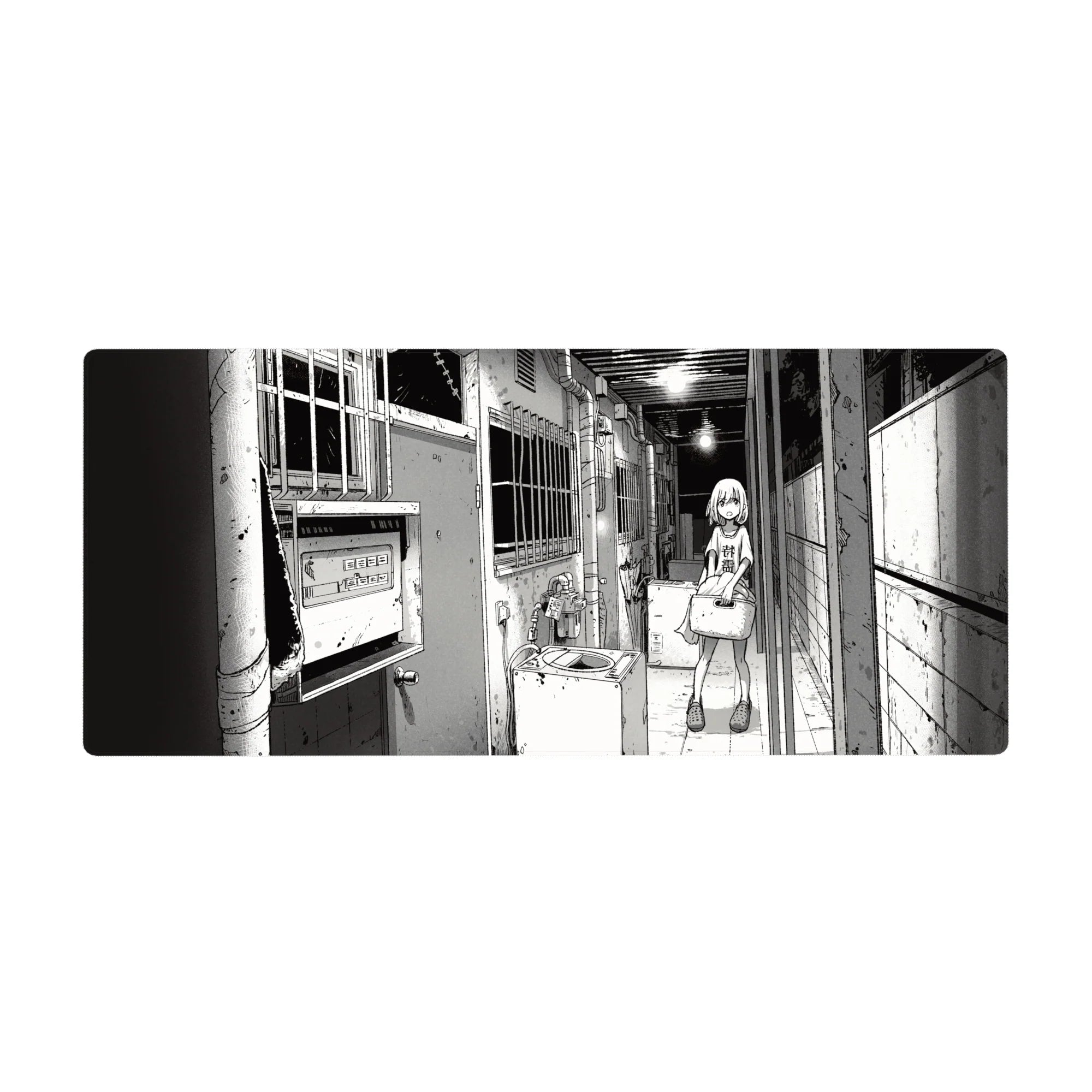 36x16 inches anime girl desk pad with manga line art of a shy girl in a gritty apartment hallway.