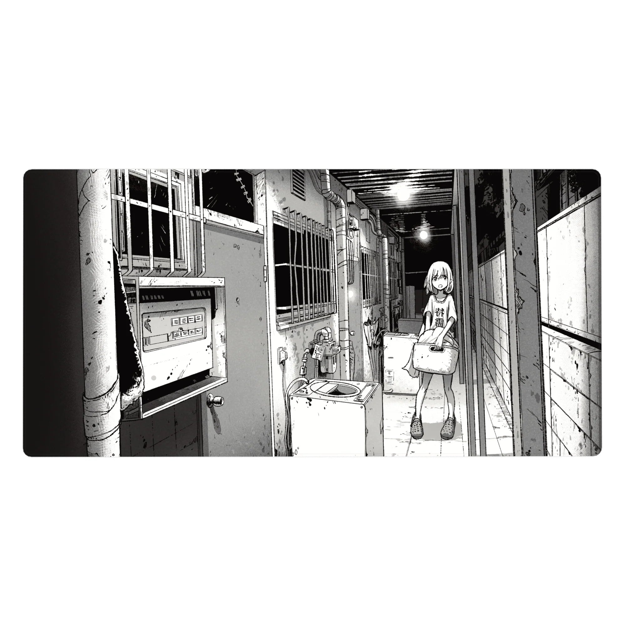 Anime girl desk pad 40x20 inches with manga hallway scene, laundry basket, pipes and window grids.