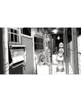 Anime girl desk pad 40x20 inches with manga hallway scene, laundry basket, pipes and window grids.