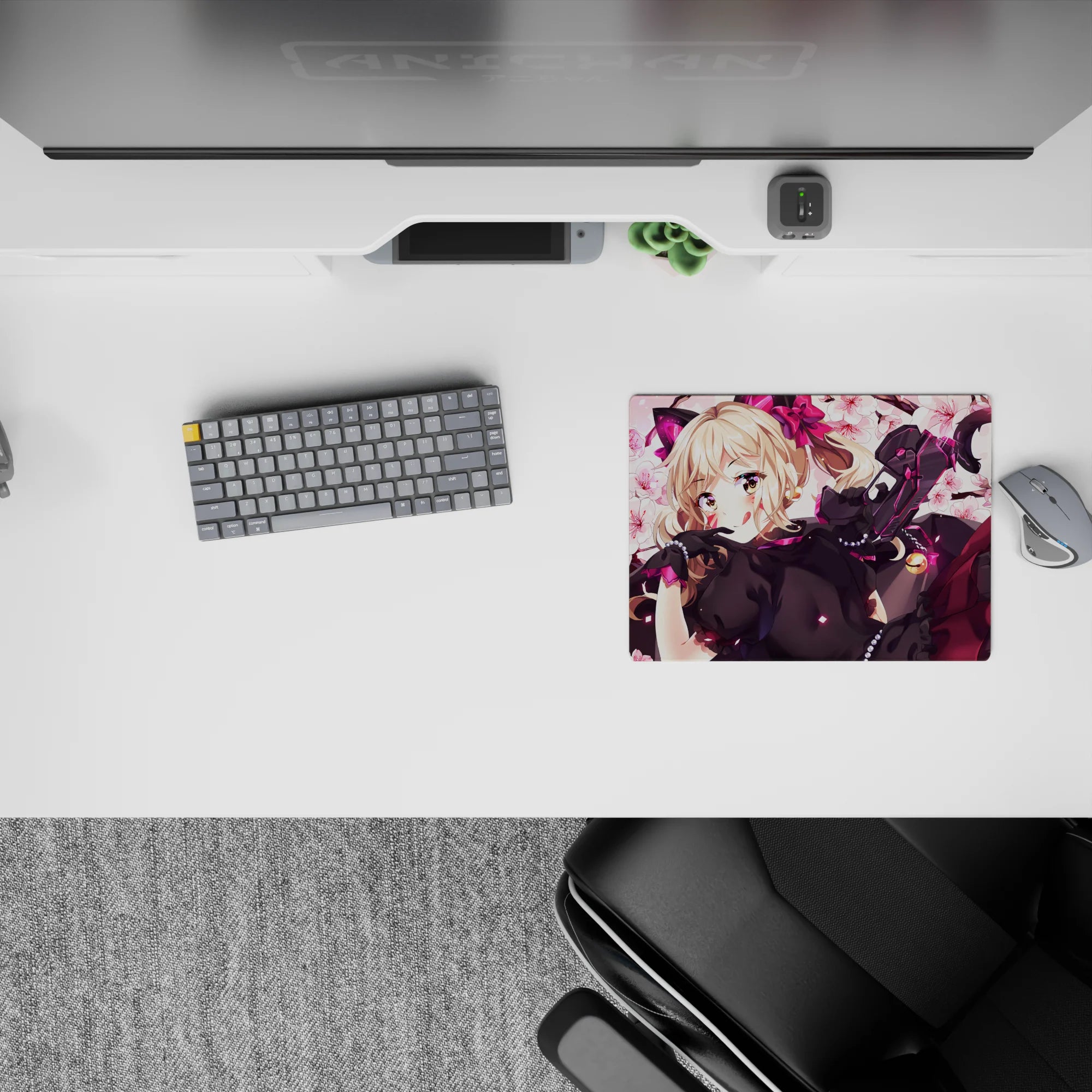 Cute bold 14x10 inches anime mouse pad in creamy white and rose pink, hot pink accents, petals.