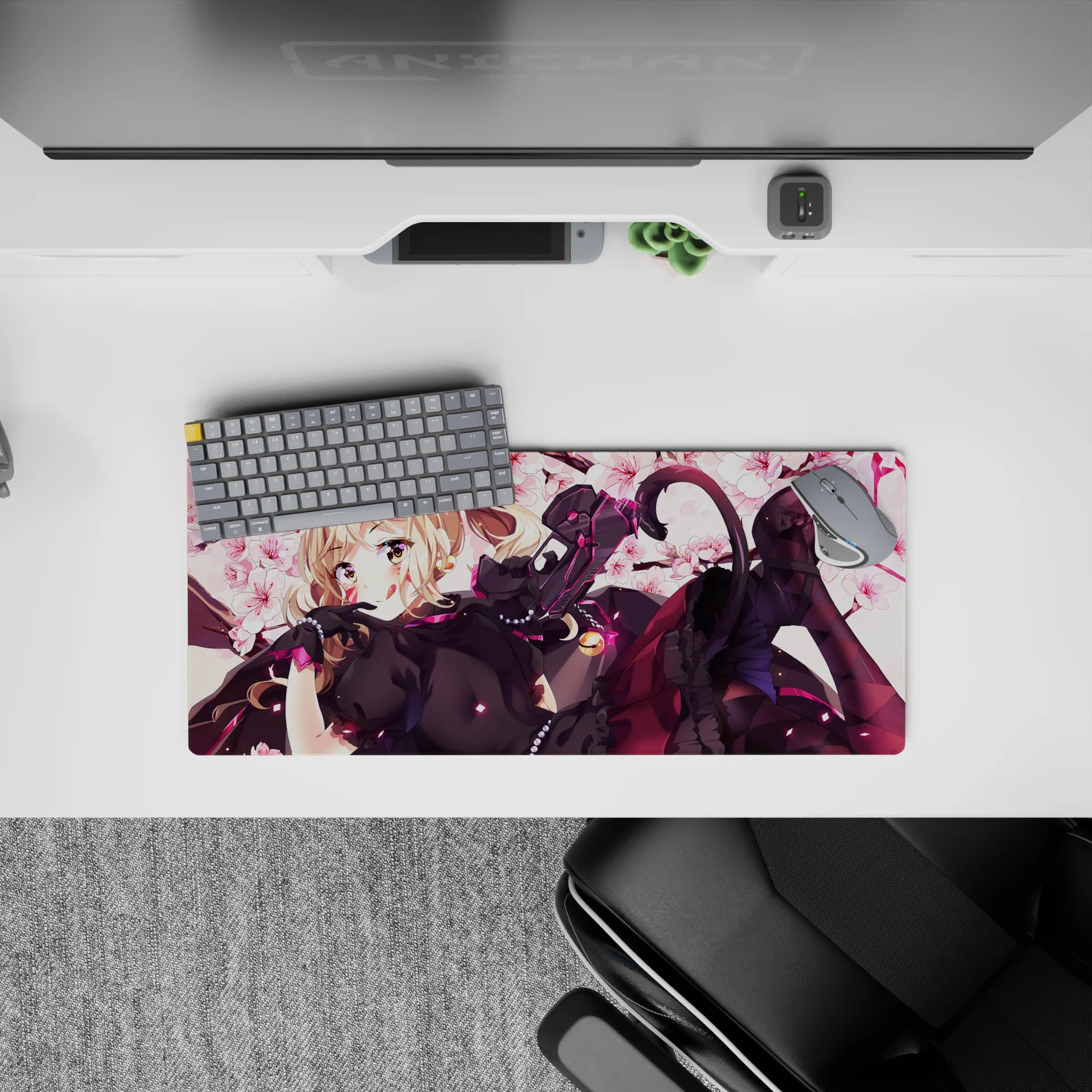 28x12 inches kawaii desk mouse pad in creamy white and rose pink, hot pink accents, mischievous vibe.