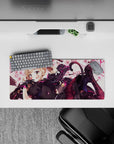 28x12 inches kawaii desk mouse pad in creamy white and rose pink, hot pink accents, mischievous vibe.