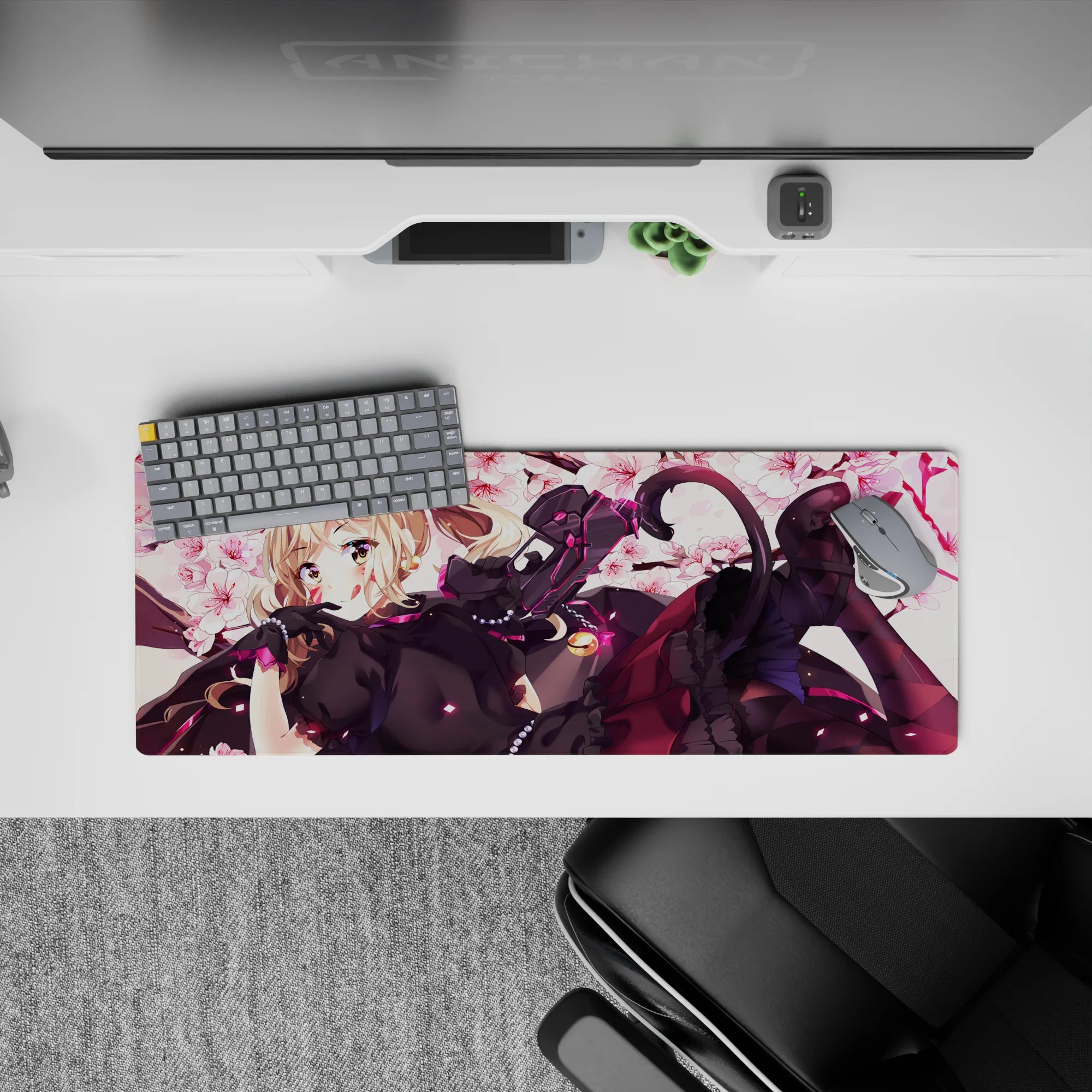 32x12 inches anime desk mat in creamy white and rose pink, hot pink accents, cute mischievous catgirl vibe.