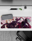 32x12 inches anime desk mat in creamy white and rose pink, hot pink accents, cute mischievous catgirl vibe.