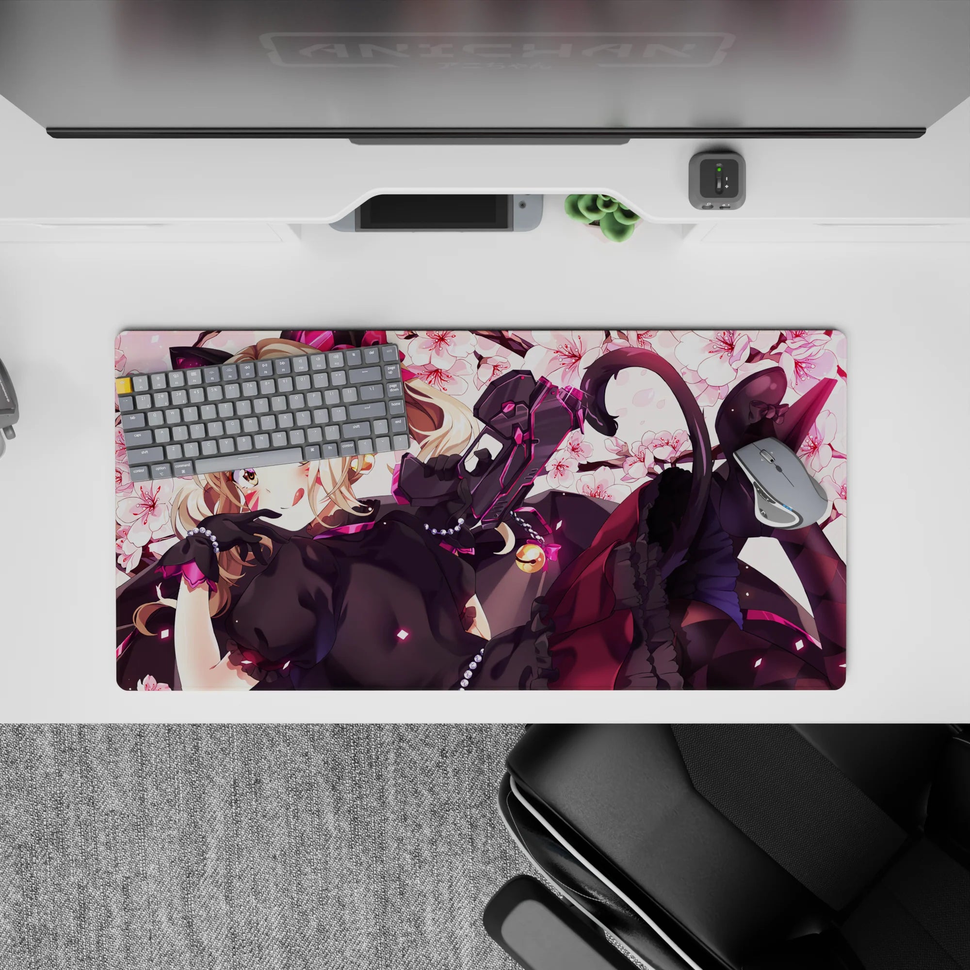 32x16 inches kawaii desk mouse pad in creamy white and rose pink, hot pink accents, mischievous vibe.