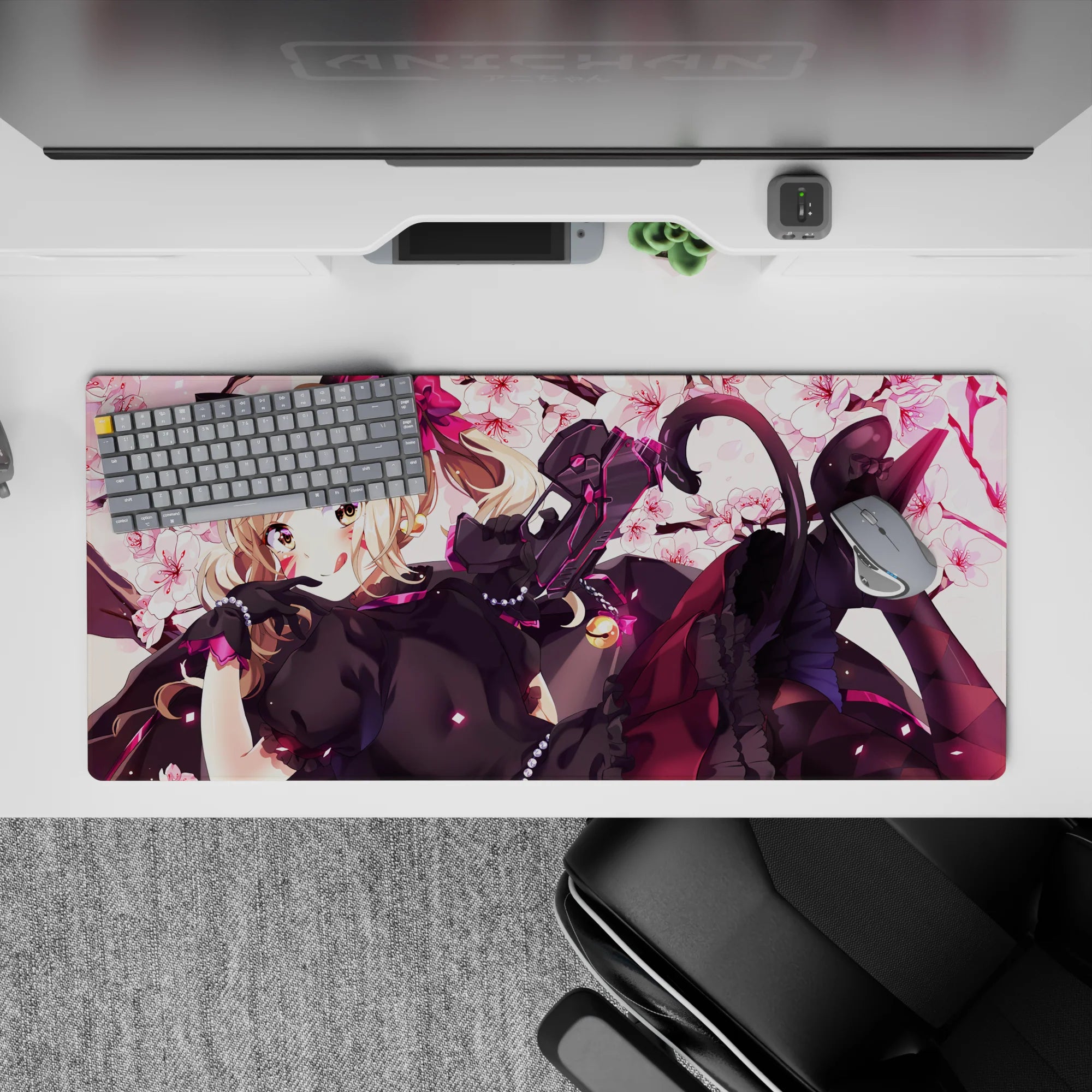 Pink and cream anime desk pad 36x16 inches, glossy eyes, hot pink accents, cute-but-dangerous mood.