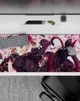 Pink and cream anime desk pad 36x16 inches, glossy eyes, hot pink accents, cute-but-dangerous mood.